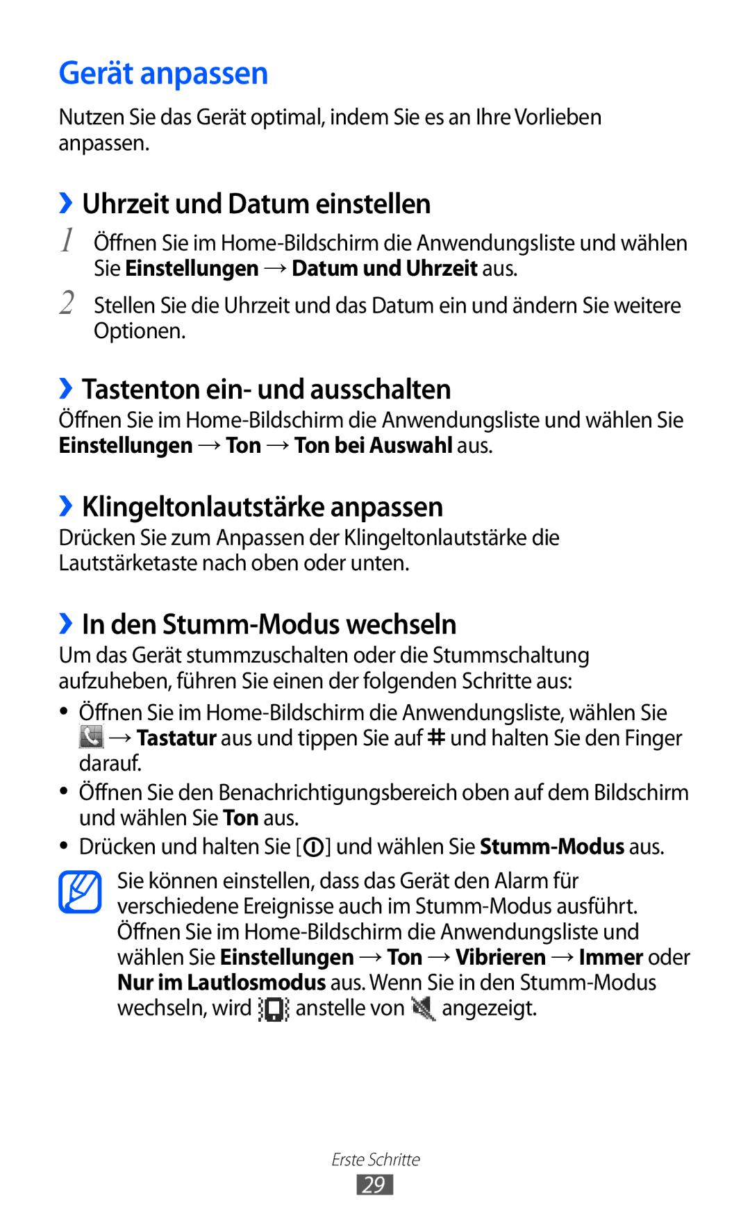 Samsung GT-S5360MAAVIA, GT-S5360UWHDBT Gerät anpassen, ››Uhrzeit und Datum einstellen, ››Tastenton ein- und ausschalten 