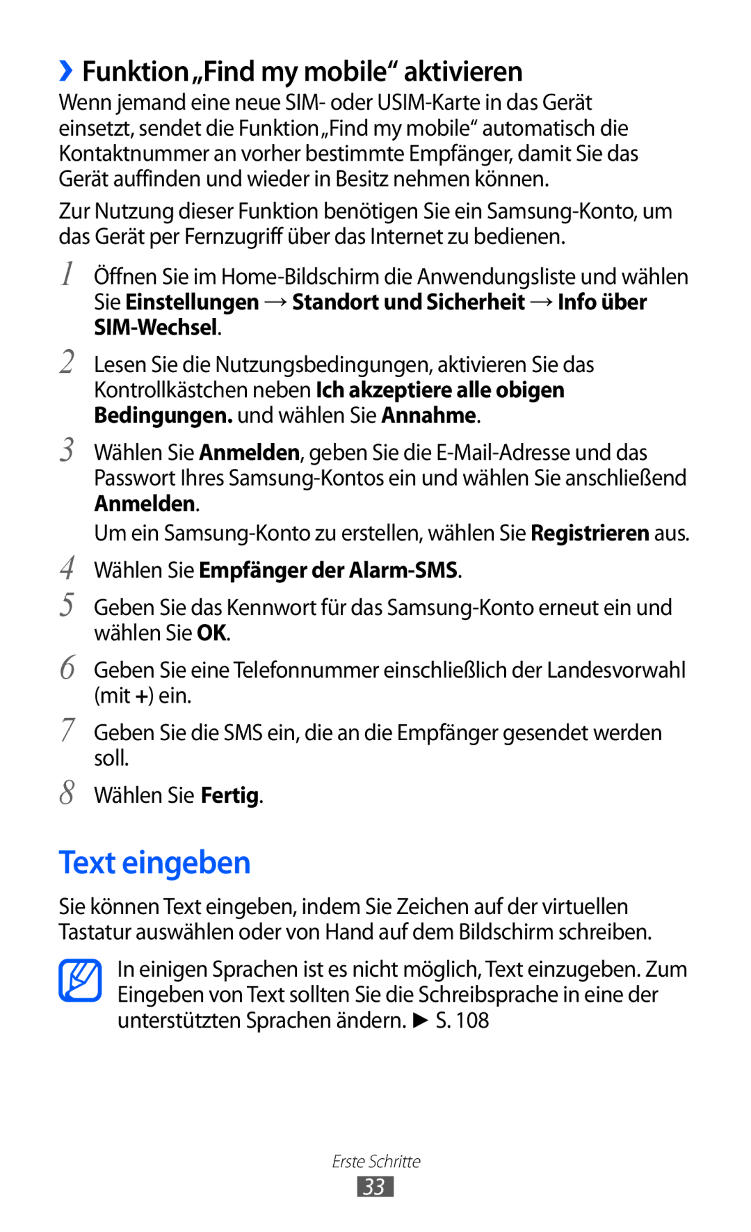 Samsung GT-S5360UWAOPT manual Text eingeben, ››Funktion„Find my mobile aktivieren, Wählen Sie Empfänger der Alarm-SMS 