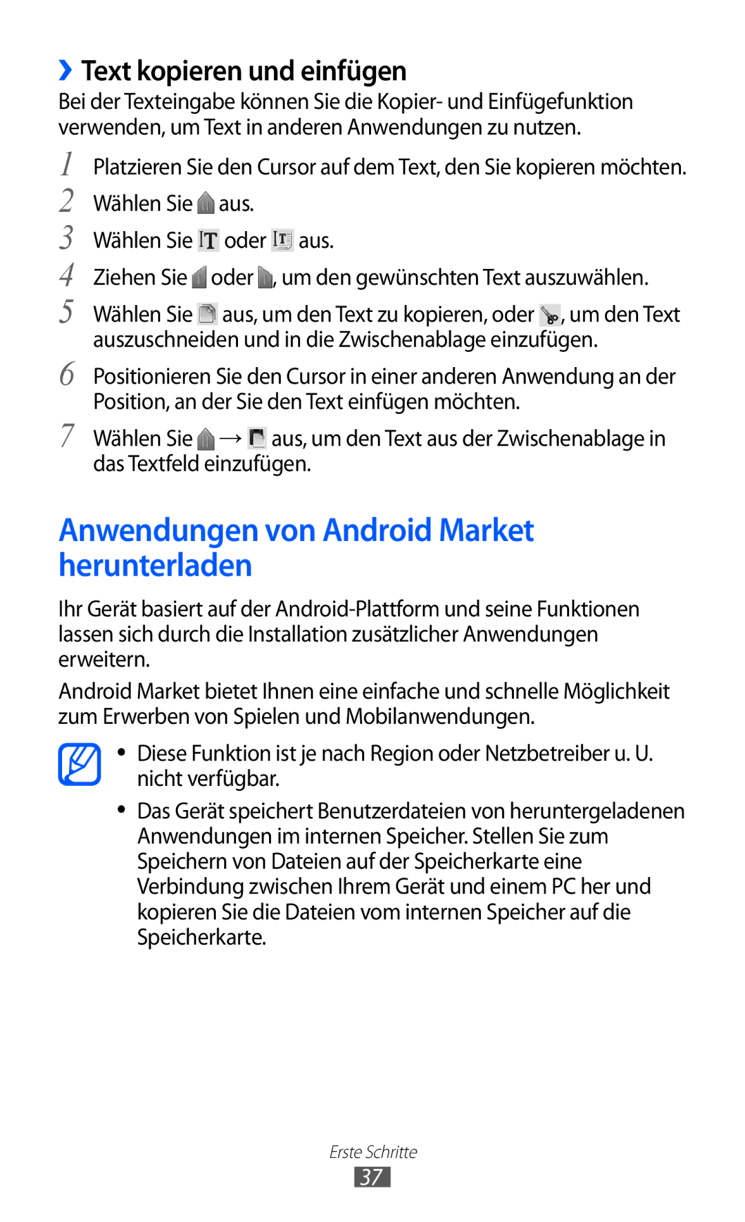 Samsung GT-S5360UWACOS, GT-S5360UWHDBT manual Anwendungen von Android Market herunterladen, ››Text kopieren und einfügen 