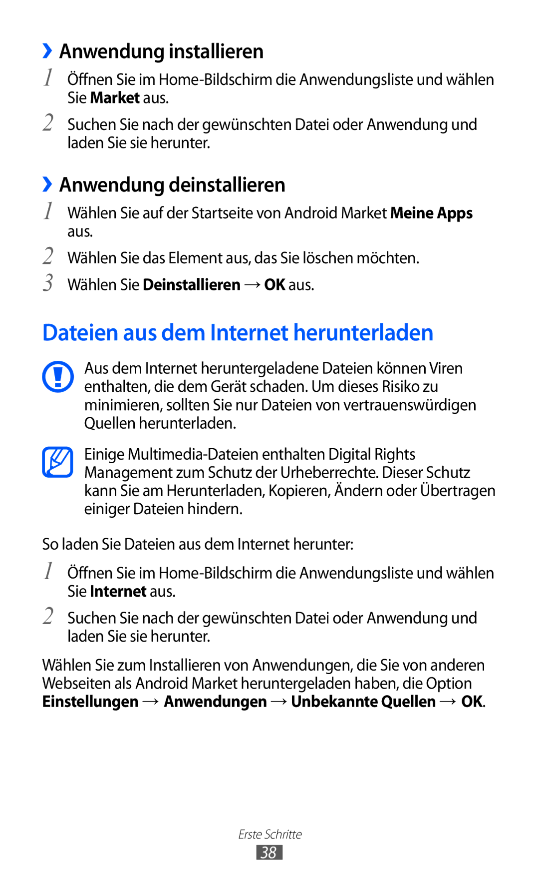 Samsung GT-S5360MAAVDR manual Dateien aus dem Internet herunterladen, ››Anwendung installieren, ››Anwendung deinstallieren 