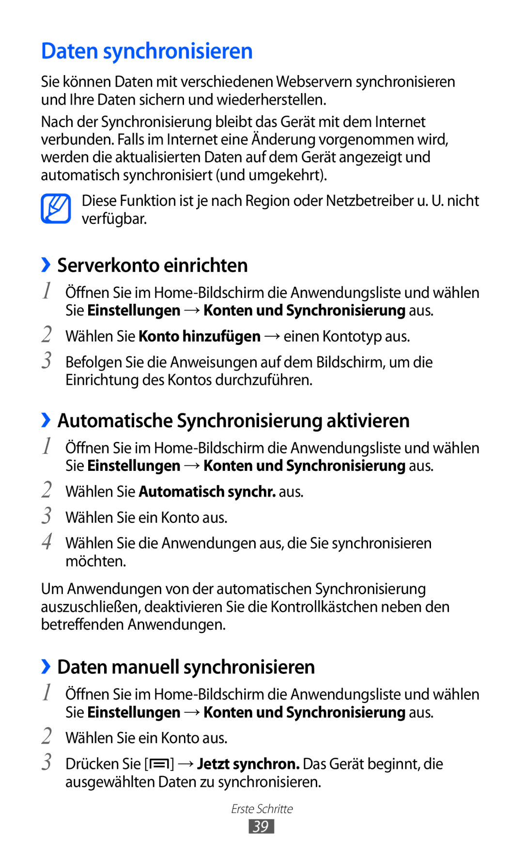 Samsung GT-S5360MAAEUR manual Daten synchronisieren, ››Serverkonto einrichten, ››Automatische Synchronisierung aktivieren 