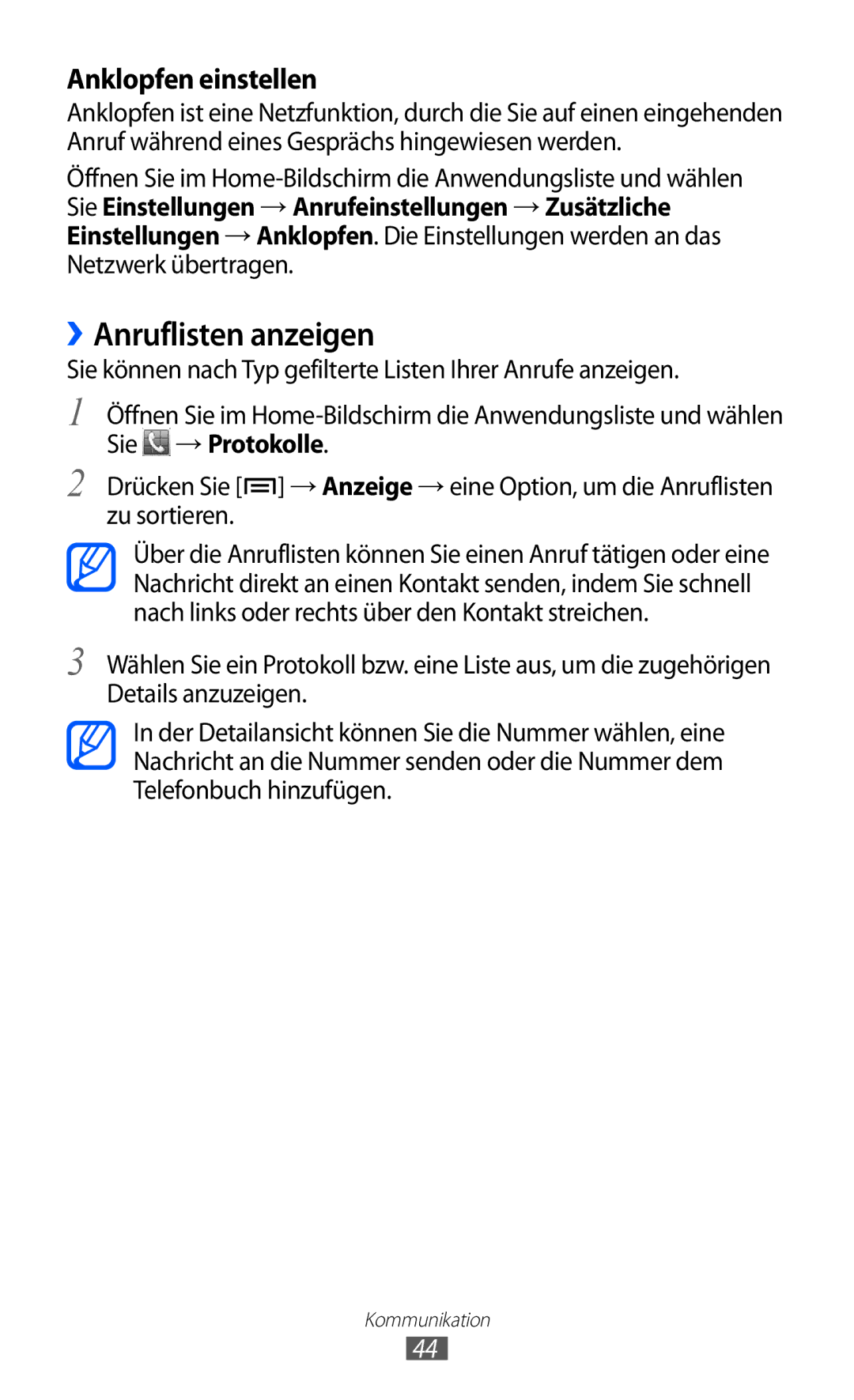 Samsung GT-S5360MAADBT, GT-S5360UWHDBT, GT-S5360UWAOPT, GT-S5360TAADTR manual ››Anruflisten anzeigen, Anklopfen einstellen 