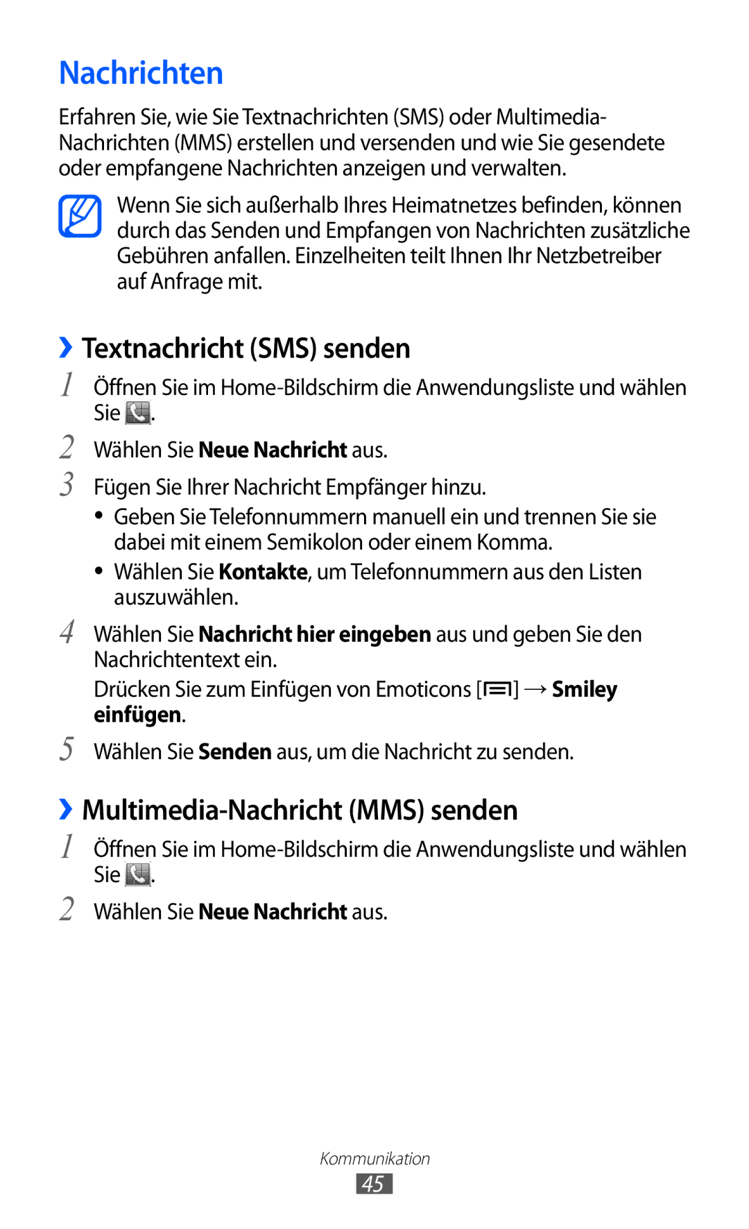 Samsung GT-S5360MAACOS, GT-S5360UWHDBT manual Nachrichten, ››Textnachricht SMS senden, ››Multimedia-Nachricht MMS senden 