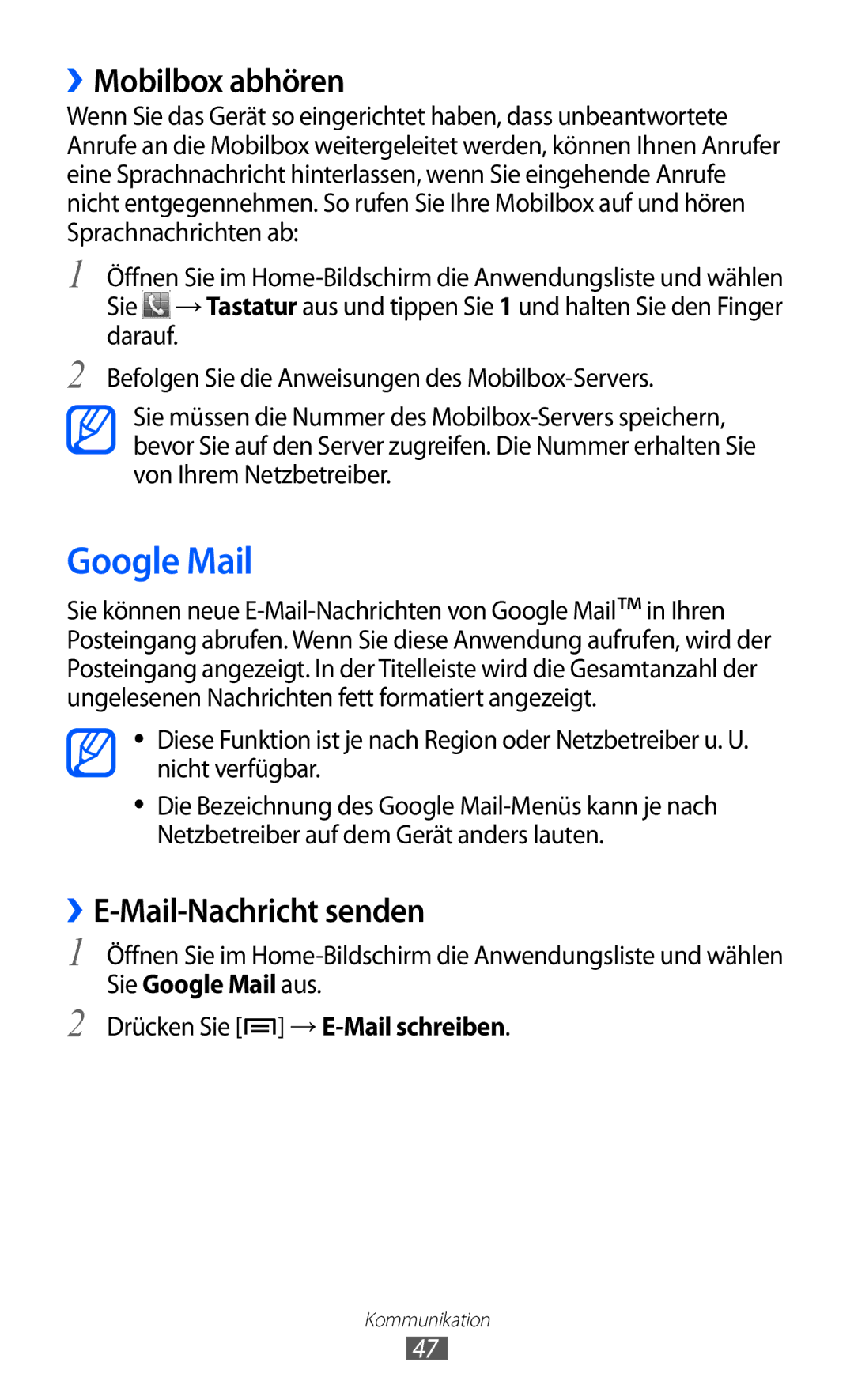 Samsung GT-S5360UWADBT, GT-S5360UWHDBT, GT-S5360UWAOPT manual Google Mail, ››Mobilbox abhören, ››E-Mail-Nachricht senden 