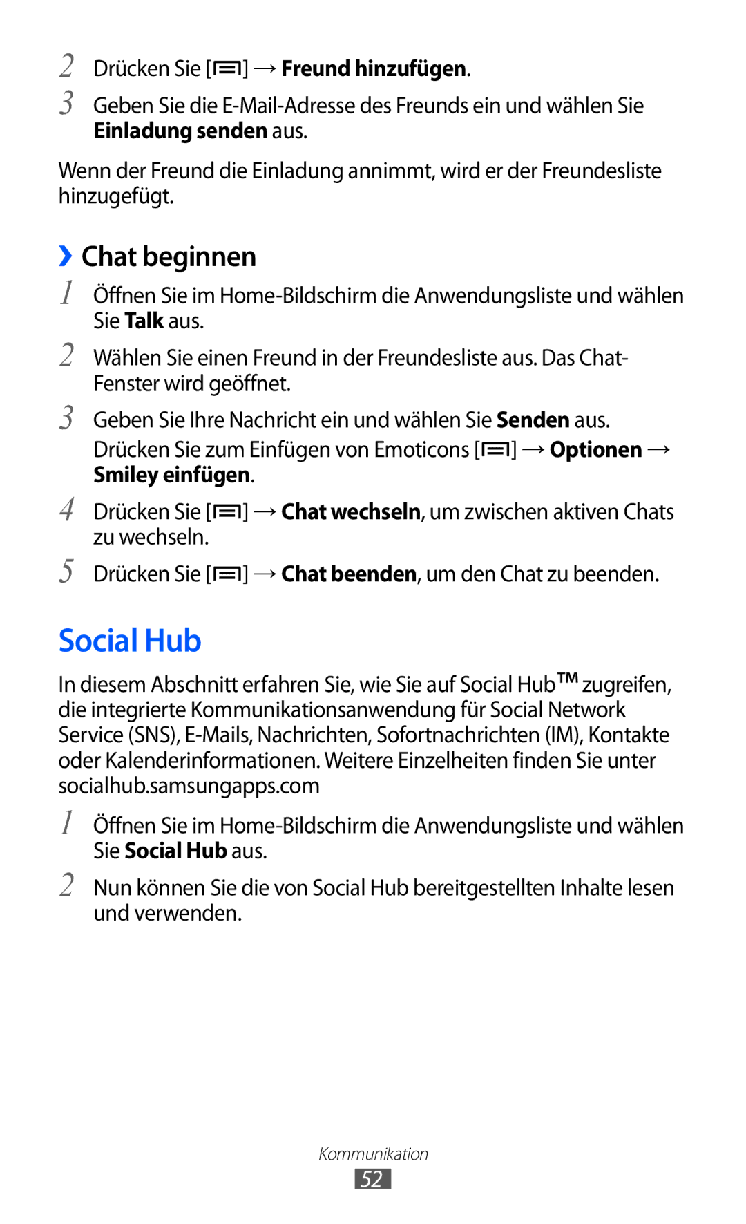 Samsung GT2S5360UWADBT, GT-S5360UWHDBT, GT-S5360UWAOPT, GT-S5360TAADTR, GT-S5360MAATUR manual Social Hub, ››Chat beginnen 