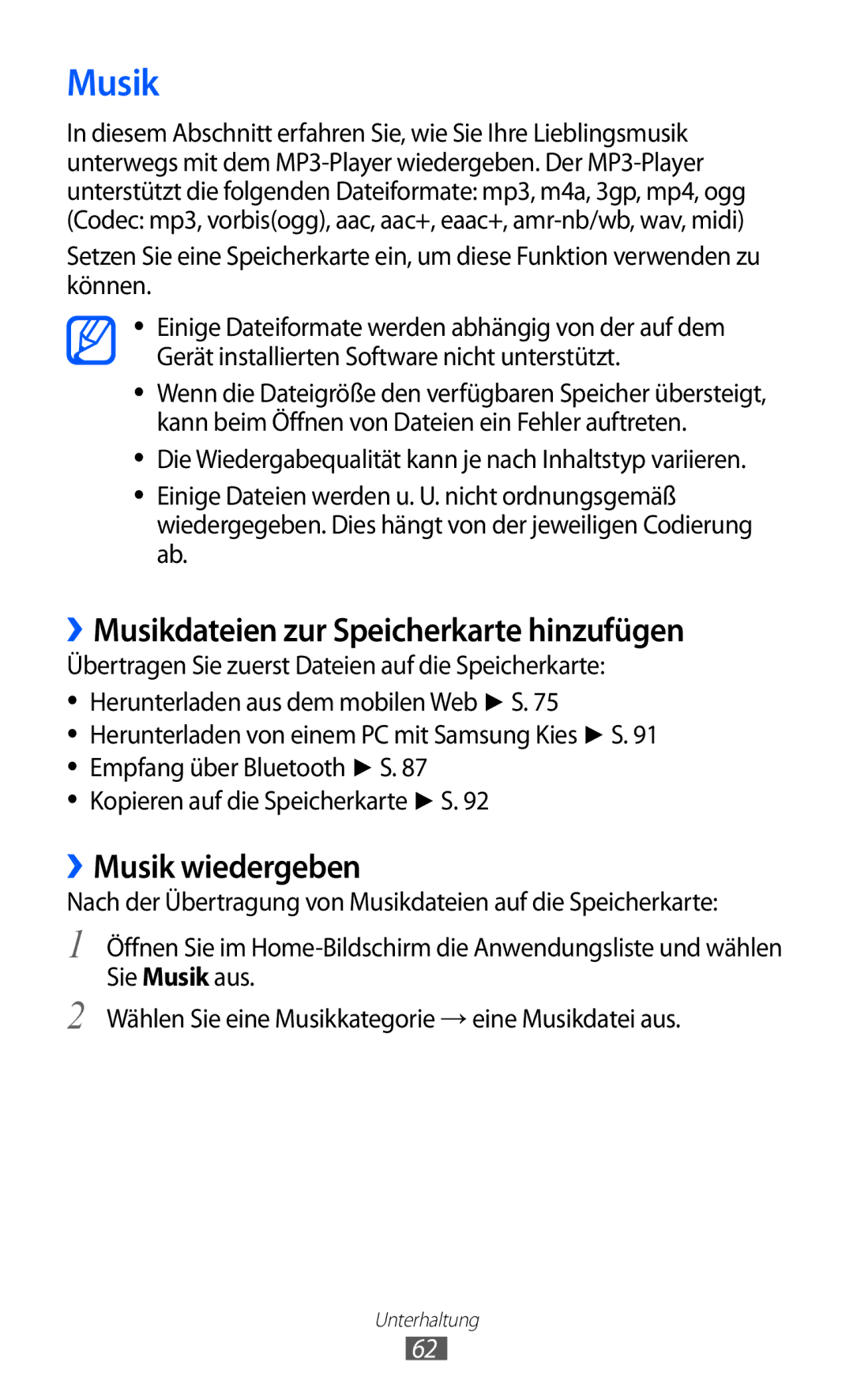 Samsung GT-S5360OIADBT, GT-S5360UWHDBT, GT-S5360UWAOPT ››Musikdateien zur Speicherkarte hinzufügen, ››Musik wiedergeben 