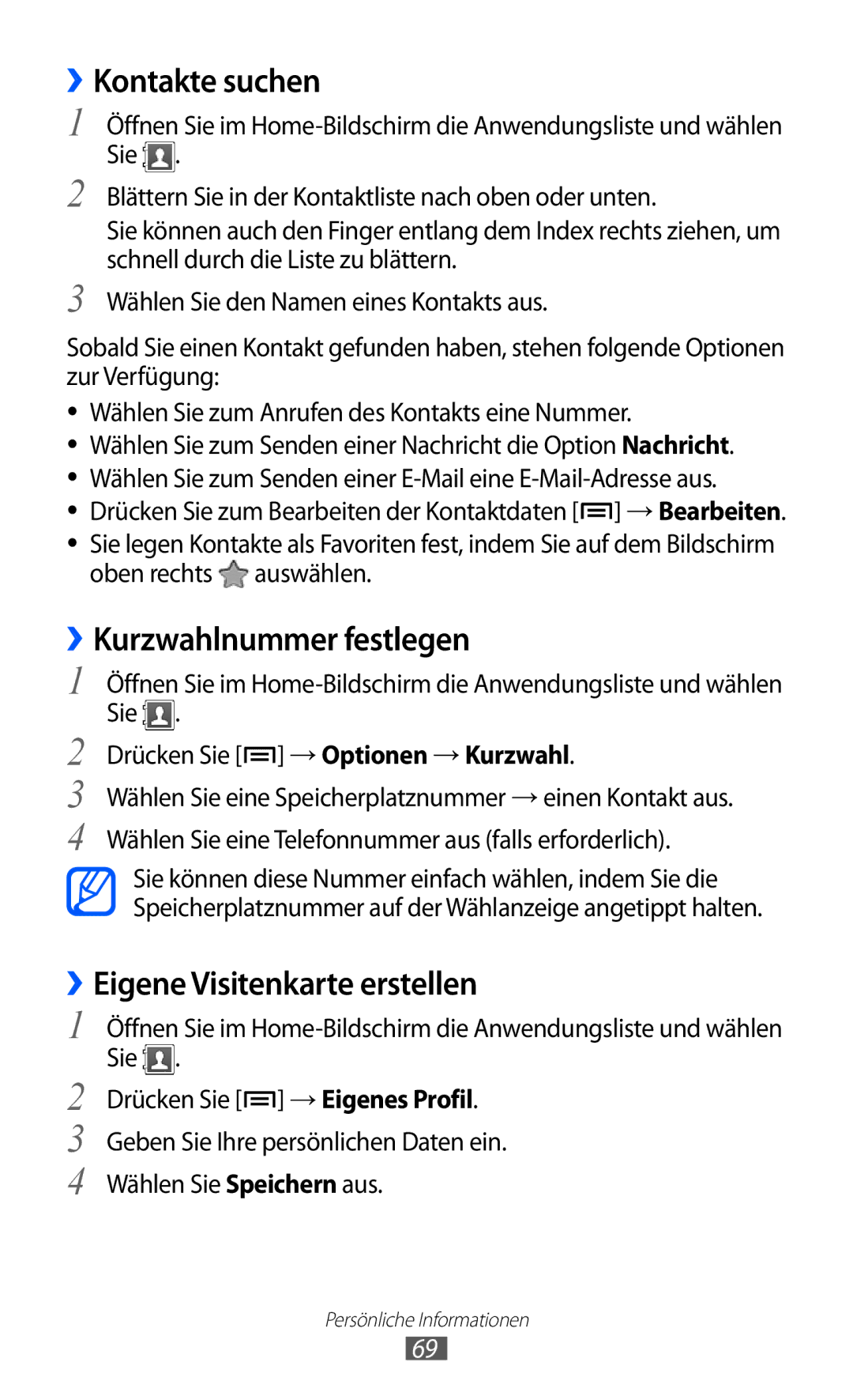 Samsung GT-S5360UWACOS, GT-S5360UWHDBT manual ››Kontakte suchen, ››Kurzwahlnummer festlegen, ››Eigene Visitenkarte erstellen 