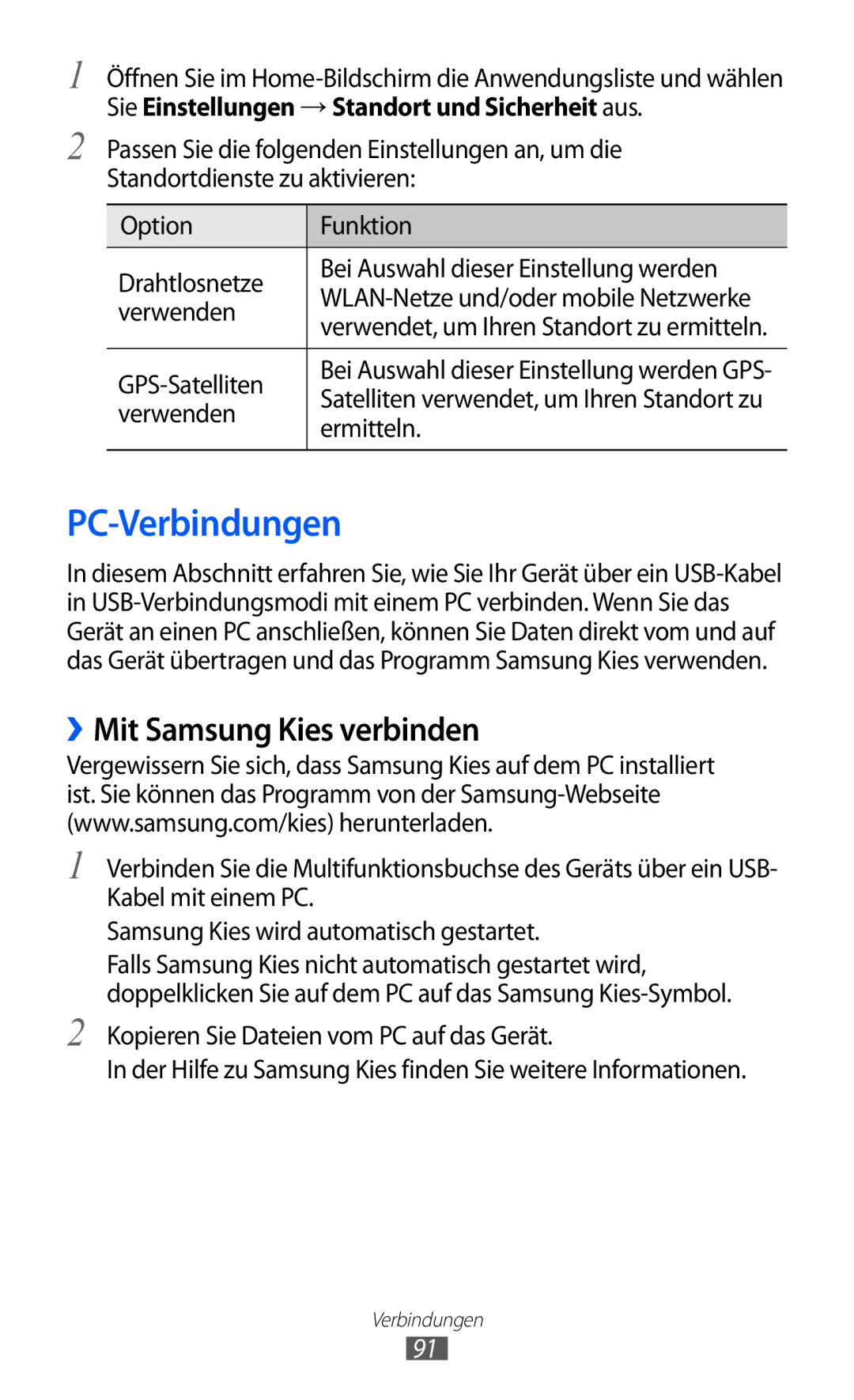 Samsung GT-S5360MASDBT, GT-S5360UWHDBT, GT-S5360UWAOPT, GT-S5360TAADTR manual PC-Verbindungen, ››Mit Samsung Kies verbinden 