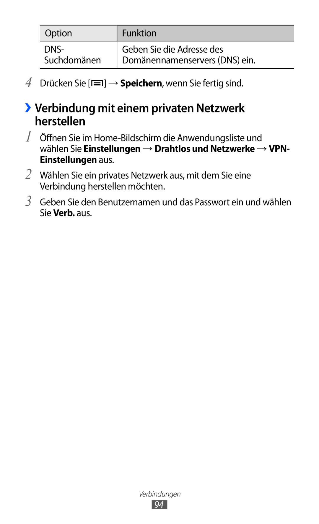 Samsung GT-S5360OIADBT, GT-S5360UWHDBT, GT-S5360UWAOPT manual ››Verbindung mit einem privaten Netzwerk herstellen, Dns 