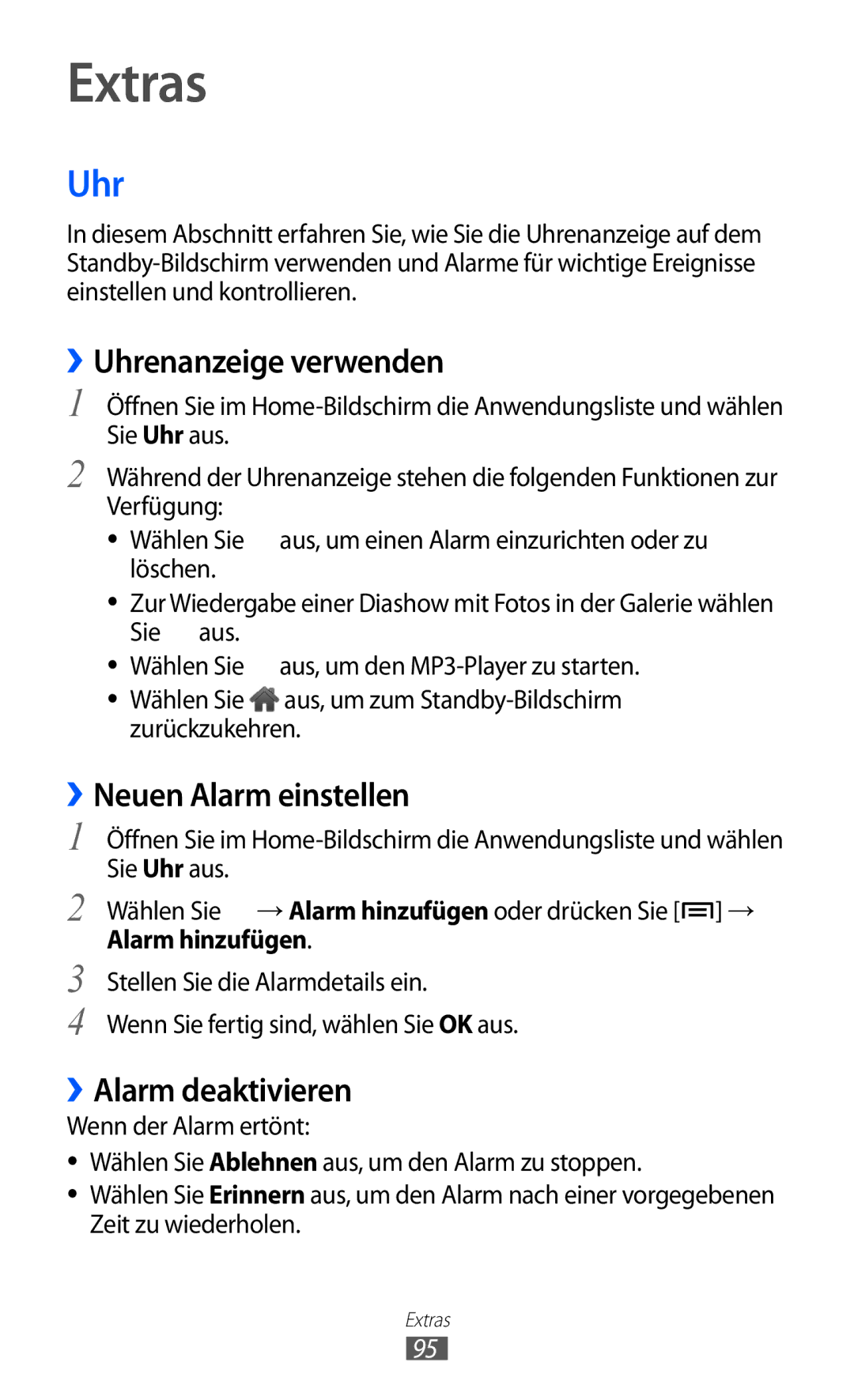 Samsung GT-S5360TKAXEF manual Extras, ››Uhrenanzeige verwenden, ››Neuen Alarm einstellen, ››Alarm deaktivieren 