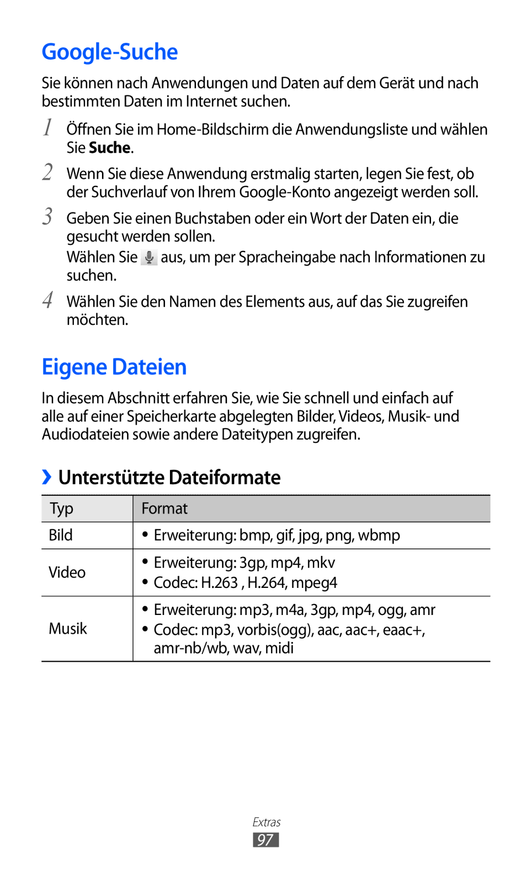 Samsung GT-S5360UWAOPT, GT-S5360UWHDBT, GT-S5360TAADTR, GT-S5360MAATUR, GT-S5360UWATUR manual Google-Suche, Eigene Dateien 