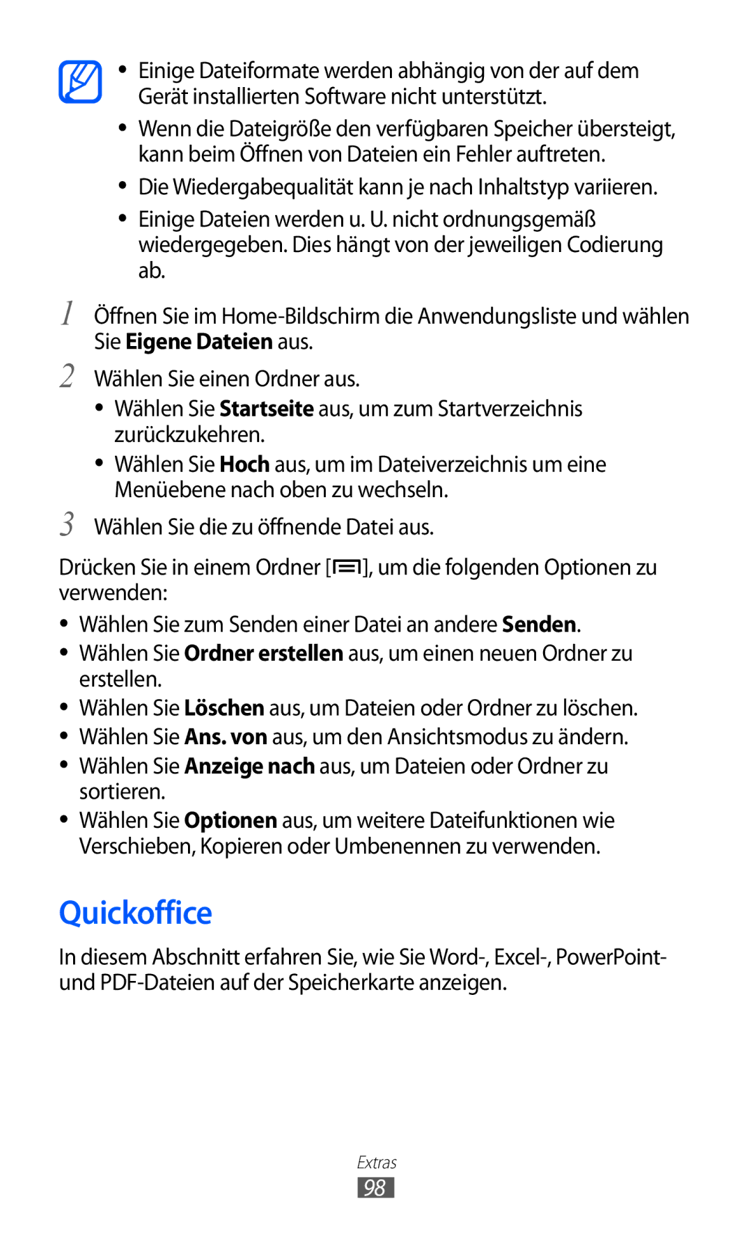 Samsung GT-S5360TAADTR, GT-S5360UWHDBT, GT-S5360UWAOPT, GT-S5360MAATUR, GT-S5360UWATUR, GT-S5360UWACOS Quickoffice, Sortieren 