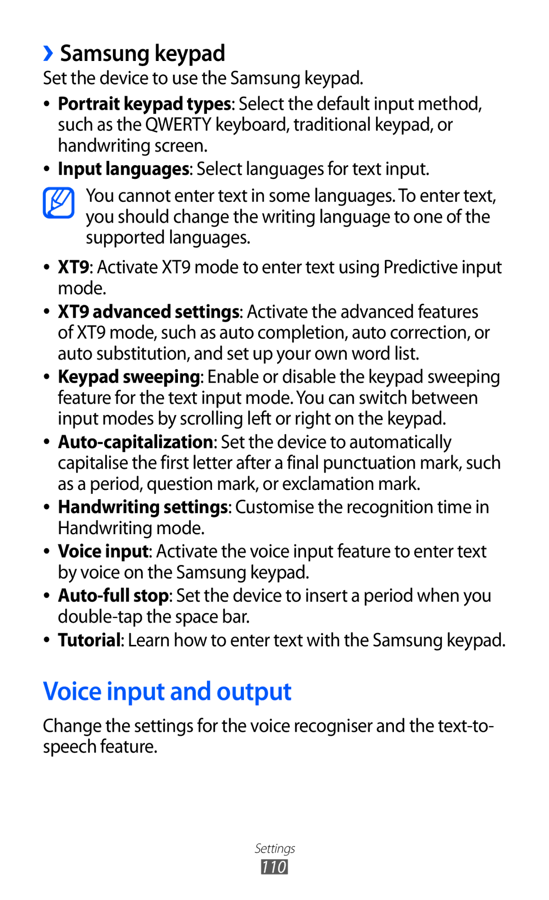 Samsung GT-S5360MAAATO, GT-S5360UWHDBT, GT-S5360UWAOPT, GT-S5360TAADTR manual Voice input and output, ››Samsung keypad 