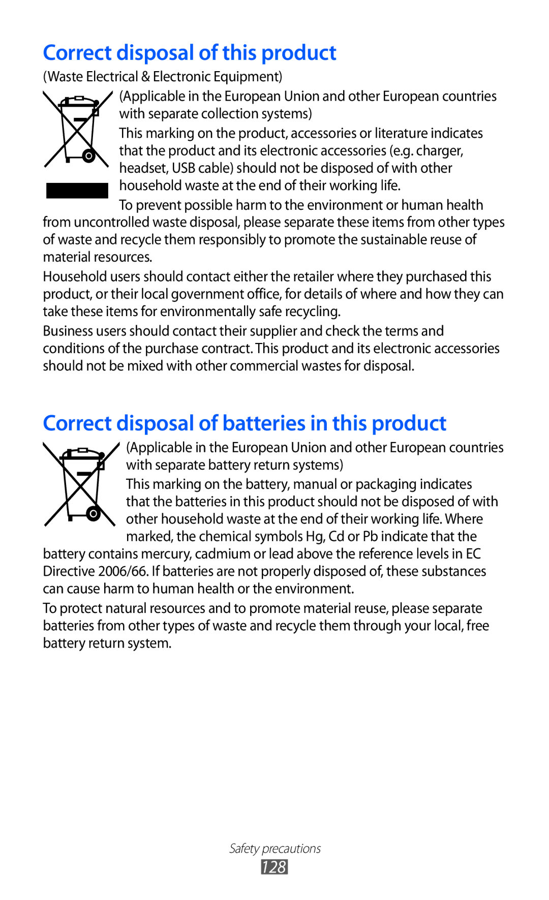 Samsung GT-S5360UWHDBT, GT-S5360UWAOPT, GT-S5360TAADTR, GT-S5360MAATUR, GT-S5360UWATUR manual Correct disposal of this product 