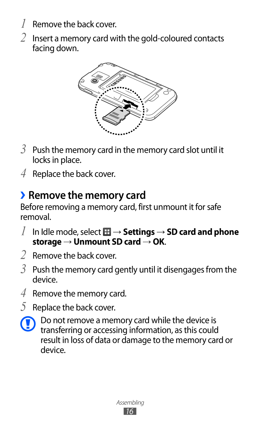 Samsung GT-S5360OIAMBC, GT-S5360UWHDBT, GT-S5360UWAOPT, GT-S5360TAADTR, GT-S5360MAATUR manual ››Remove the memory card 