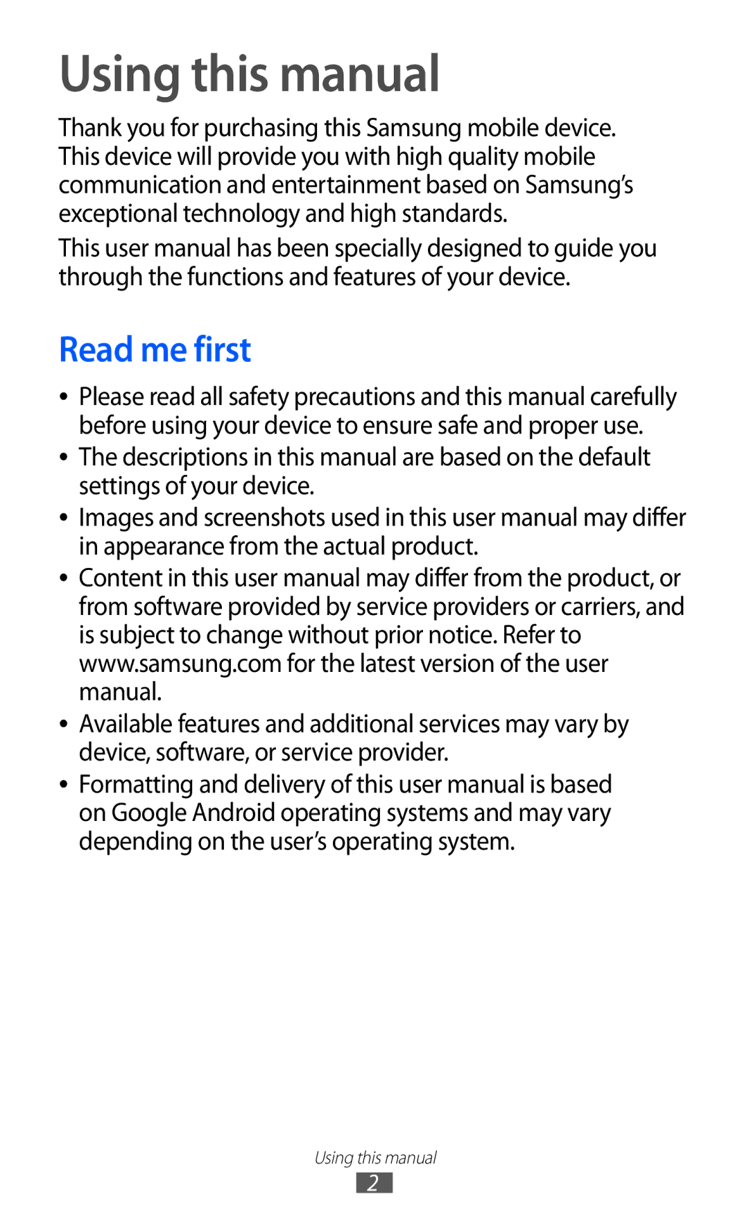 Samsung GT-S5360TAADTR, GT-S5360UWHDBT, GT-S5360UWAOPT, GT-S5360MAATUR, GT-S5360UWATUR Using this manual, Read me first 