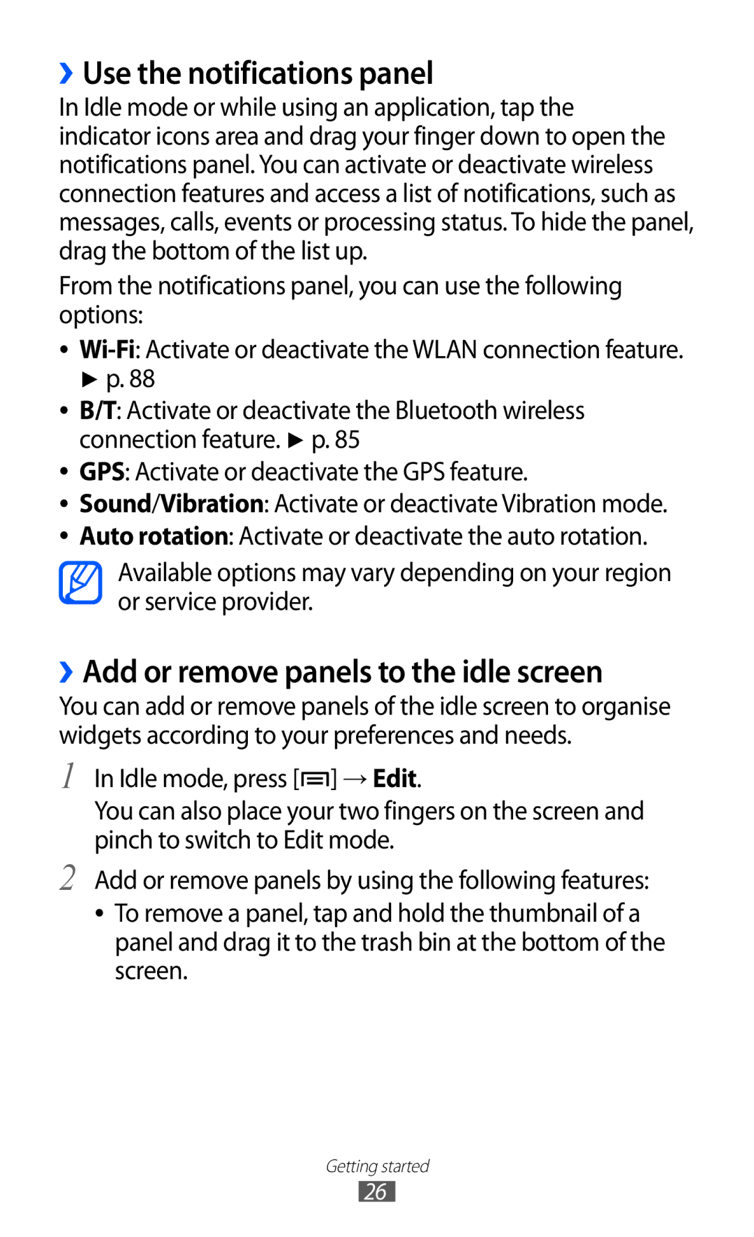 Samsung GT-S5360UWAMBC, GT-S5360UWHDBT manual ››Use the notifications panel, ››Add or remove panels to the idle screen 