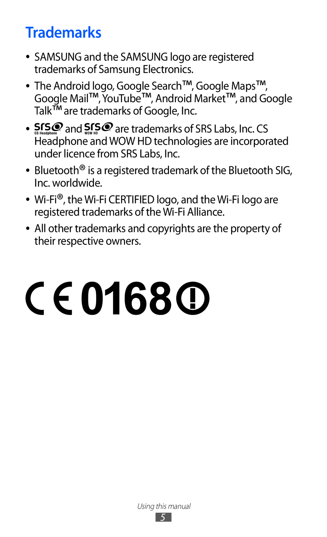 Samsung GT-S5360UWACOS, GT-S5360UWHDBT, GT-S5360UWAOPT, GT-S5360TAADTR, GT-S5360MAATUR, GT-S5360UWATUR manual Trademarks 