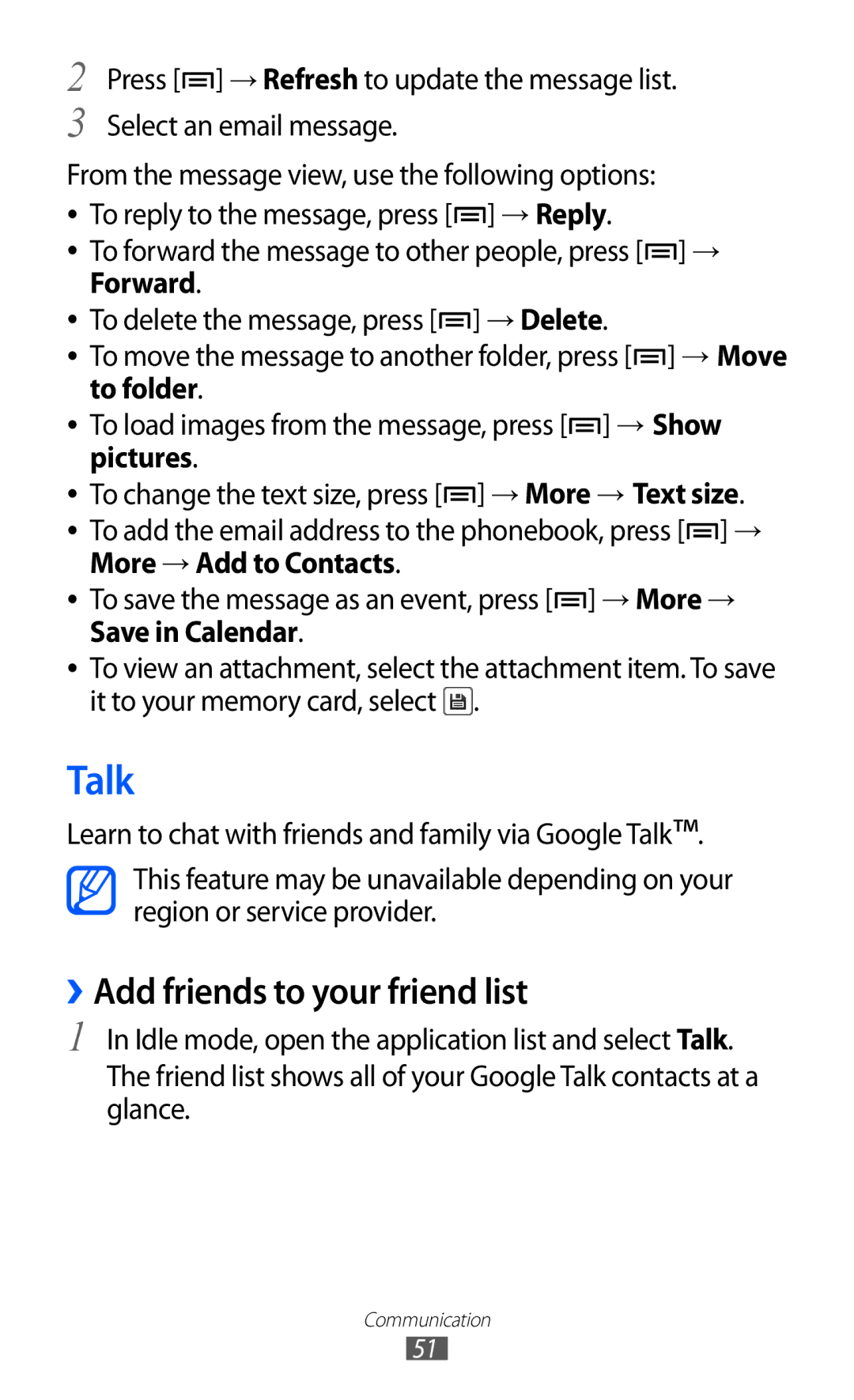 Samsung GT-S5360UWADTM, GT-S5360UWHDBT, GT-S5360UWAOPT manual Talk, ››Add friends to your friend list, More → Add to Contacts 