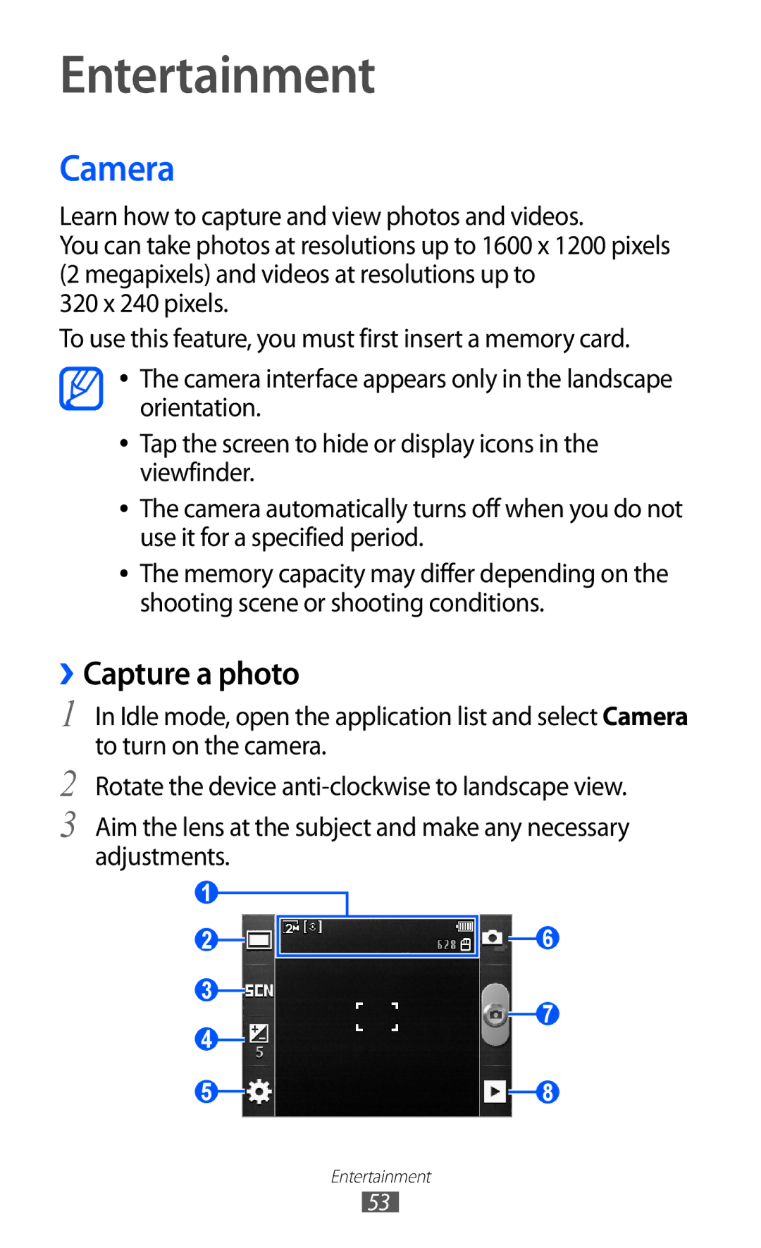 Samsung GT2S5360MAADBT, GT-S5360UWHDBT, GT-S5360UWAOPT, GT-S5360TAADTR manual Entertainment, Camera, ››Capture a photo 