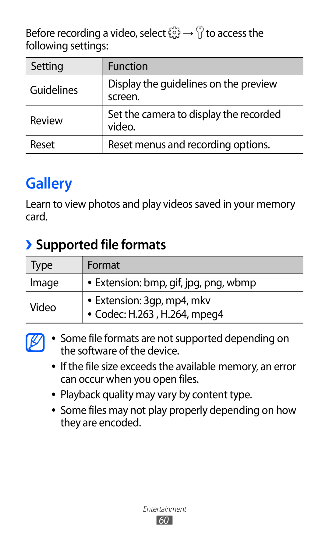 Samsung GT-S5360UWADTR, GT-S5360UWHDBT, GT-S5360UWAOPT, GT-S5360TAADTR, GT-S5360MAATUR manual Gallery, Supported file formats 