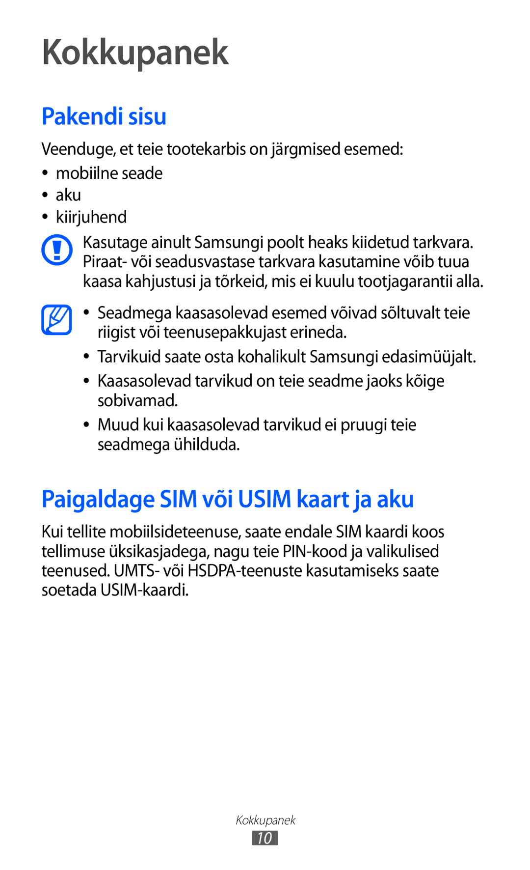 Samsung GT-S5360UWHSEB, GT-S5360TKASEB, GT-S5360UWASEB manual Kokkupanek, Pakendi sisu, Paigaldage SIM või Usim kaart ja aku 