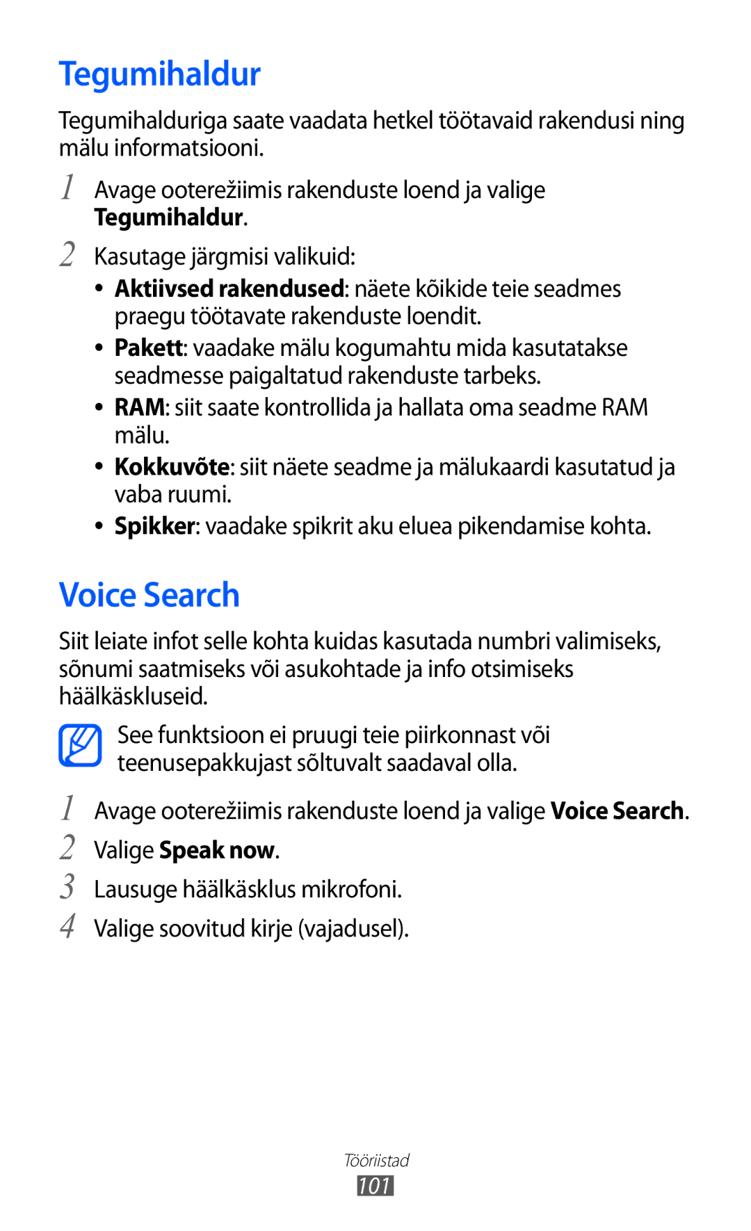 Samsung GT-S5360TKASEB, GT-S5360UWHSEB, GT-S5360UWASEB, GT-S5360OIASEB manual Tegumihaldur, Voice Search, Valige Speak now 