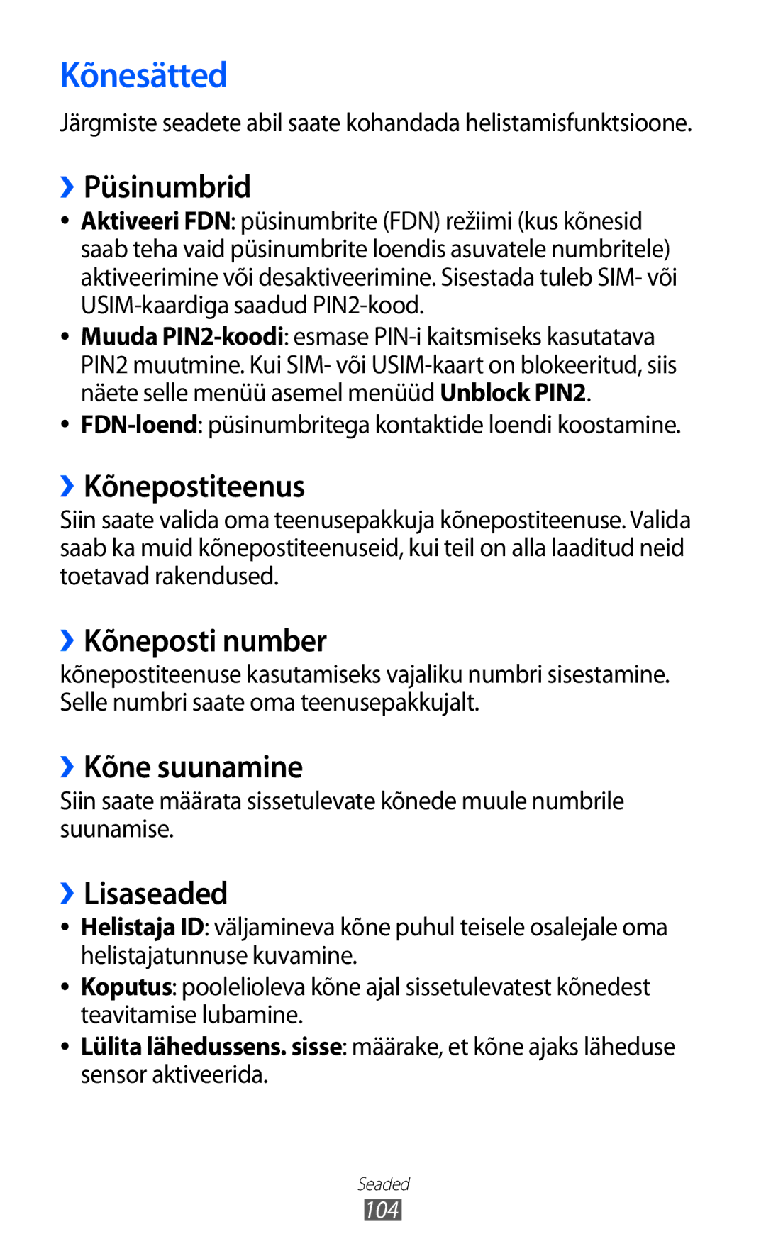 Samsung GT-S5360MAASEB, GT-S5360UWHSEB, GT-S5360TKASEB, GT-S5360UWASEB, GT-S5360OIASEB manual Kõnesätted 