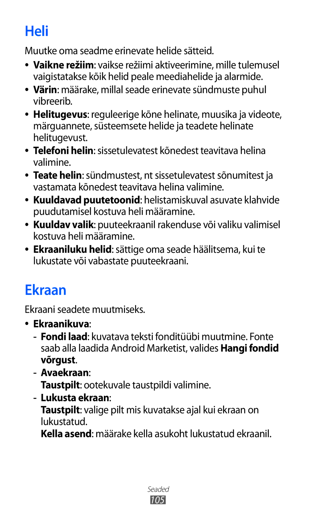 Samsung GT-S5360UWHSEB, GT-S5360TKASEB, GT-S5360UWASEB, GT-S5360OIASEB manual Heli, Ekraanikuva, Avaekraan, Lukusta ekraan 