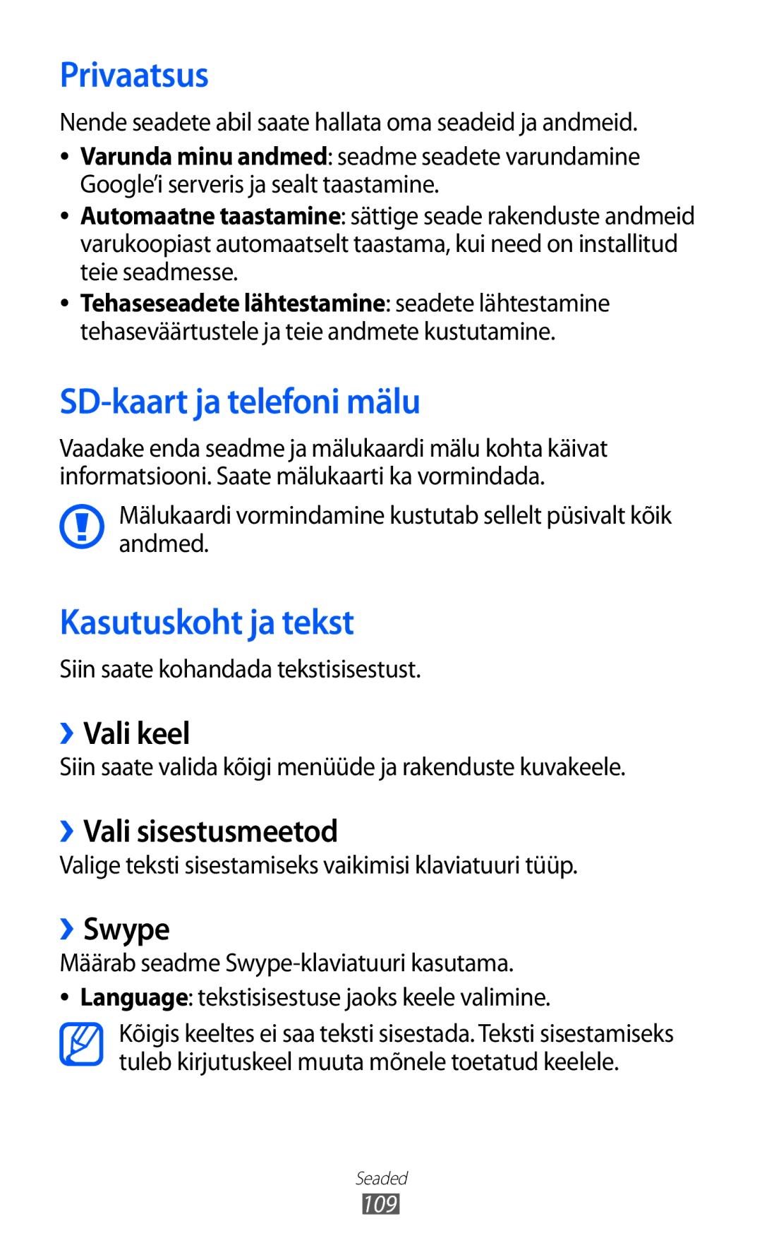 Samsung GT-S5360MAASEB, GT-S5360UWHSEB, GT-S5360TKASEB manual Privaatsus, SD-kaart ja telefoni mälu, Kasutuskoht ja tekst 