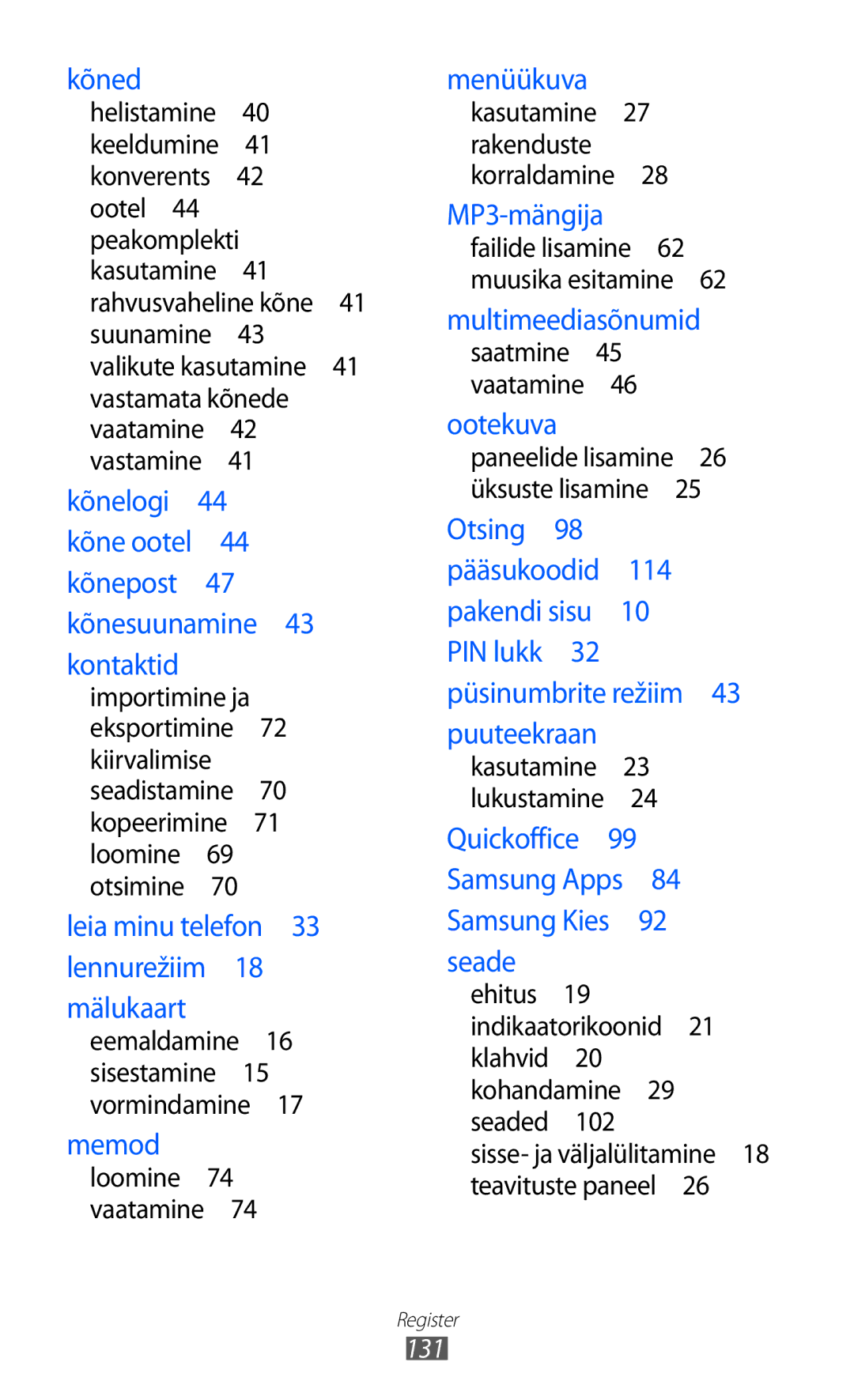 Samsung GT-S5360TKASEB, GT-S5360UWHSEB, GT-S5360UWASEB, GT-S5360OIASEB manual Leia minu telefon 33 lennurežiim 18 mälukaart 