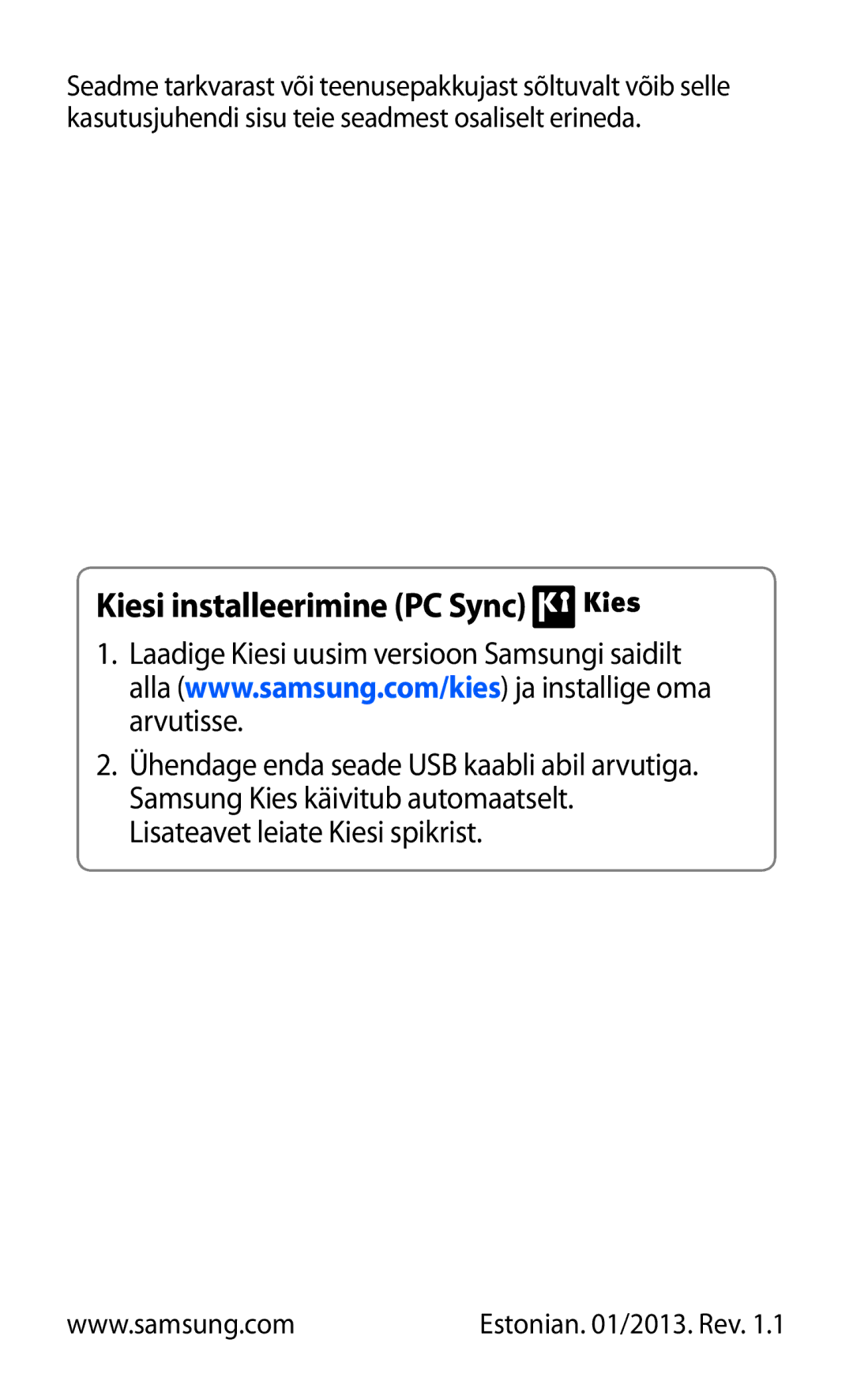 Samsung GT-S5360OIASEB, GT-S5360UWHSEB, GT-S5360TKASEB, GT-S5360UWASEB, GT-S5360MAASEB manual Kiesi installeerimine PC Sync 