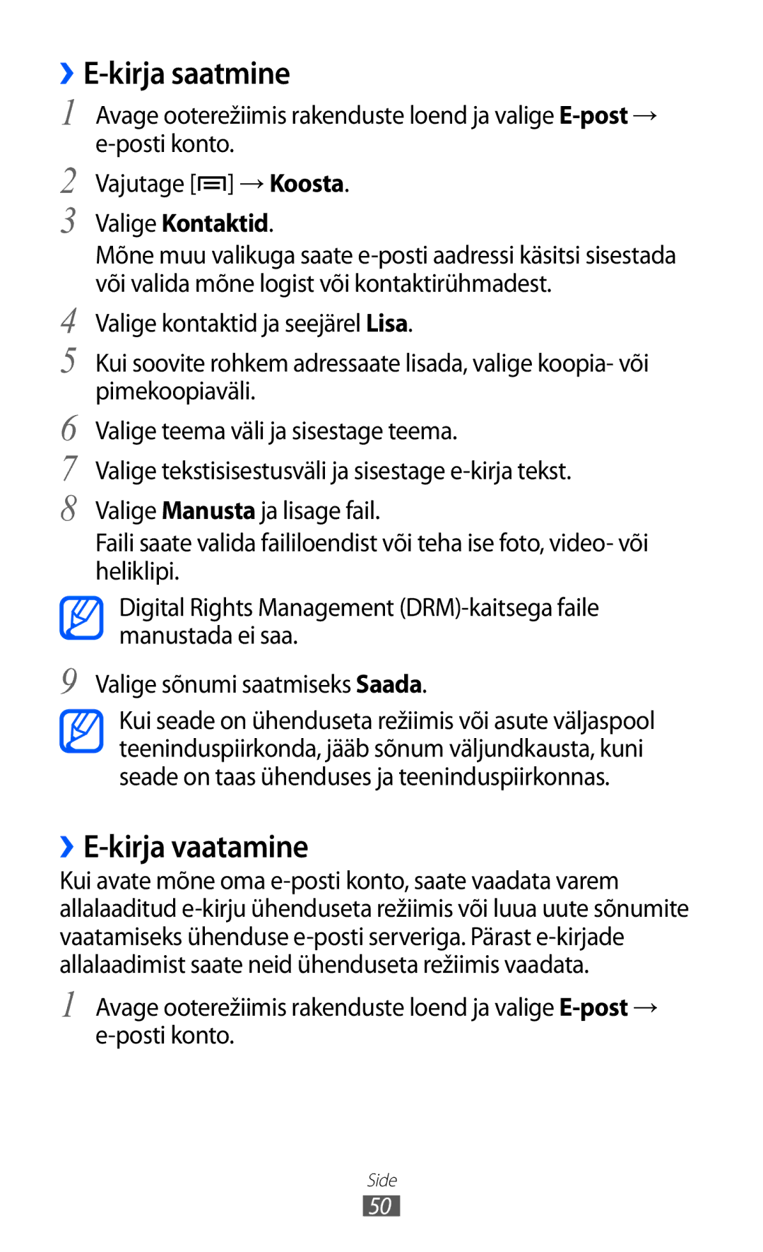 Samsung GT-S5360UWHSEB, GT-S5360TKASEB, GT-S5360UWASEB manual ››E-kirja saatmine, ››E-kirja vaatamine, Valige Kontaktid 