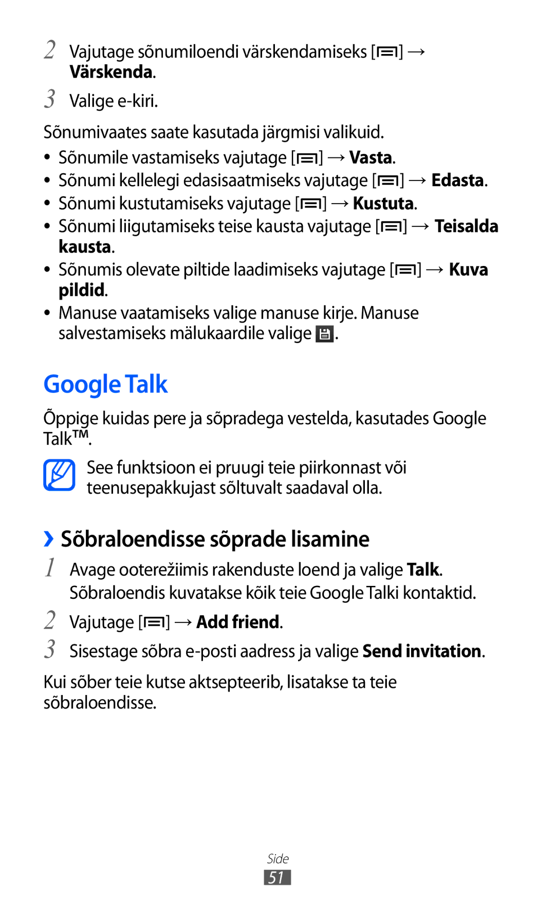 Samsung GT-S5360TKASEB, GT-S5360UWHSEB, GT-S5360UWASEB, GT-S5360OIASEB manual Google Talk, ››Sõbraloendisse sõprade lisamine 