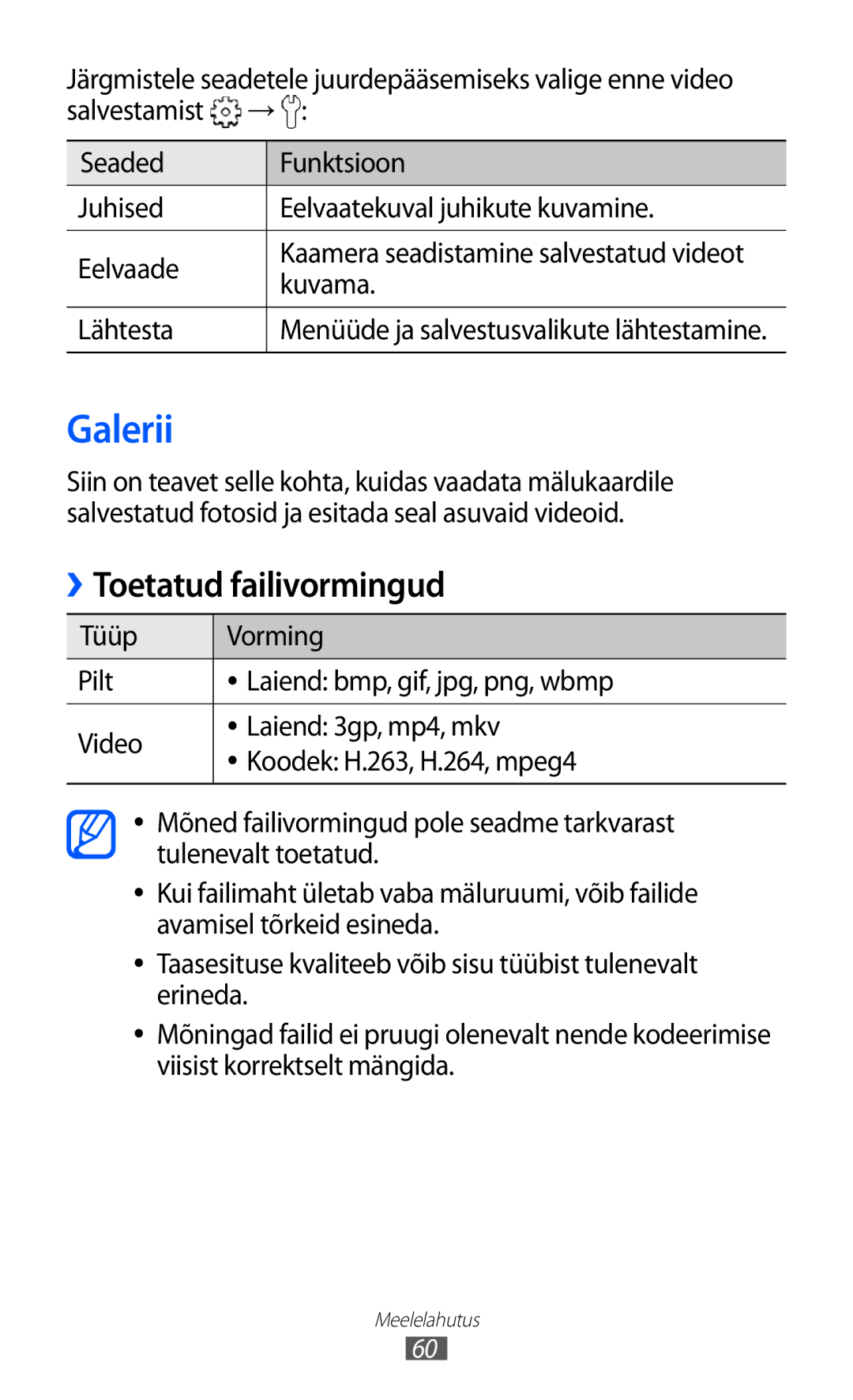 Samsung GT-S5360UWHSEB, GT-S5360TKASEB, GT-S5360UWASEB, GT-S5360OIASEB manual Galerii, Toetatud failivormingud, Kuvama 