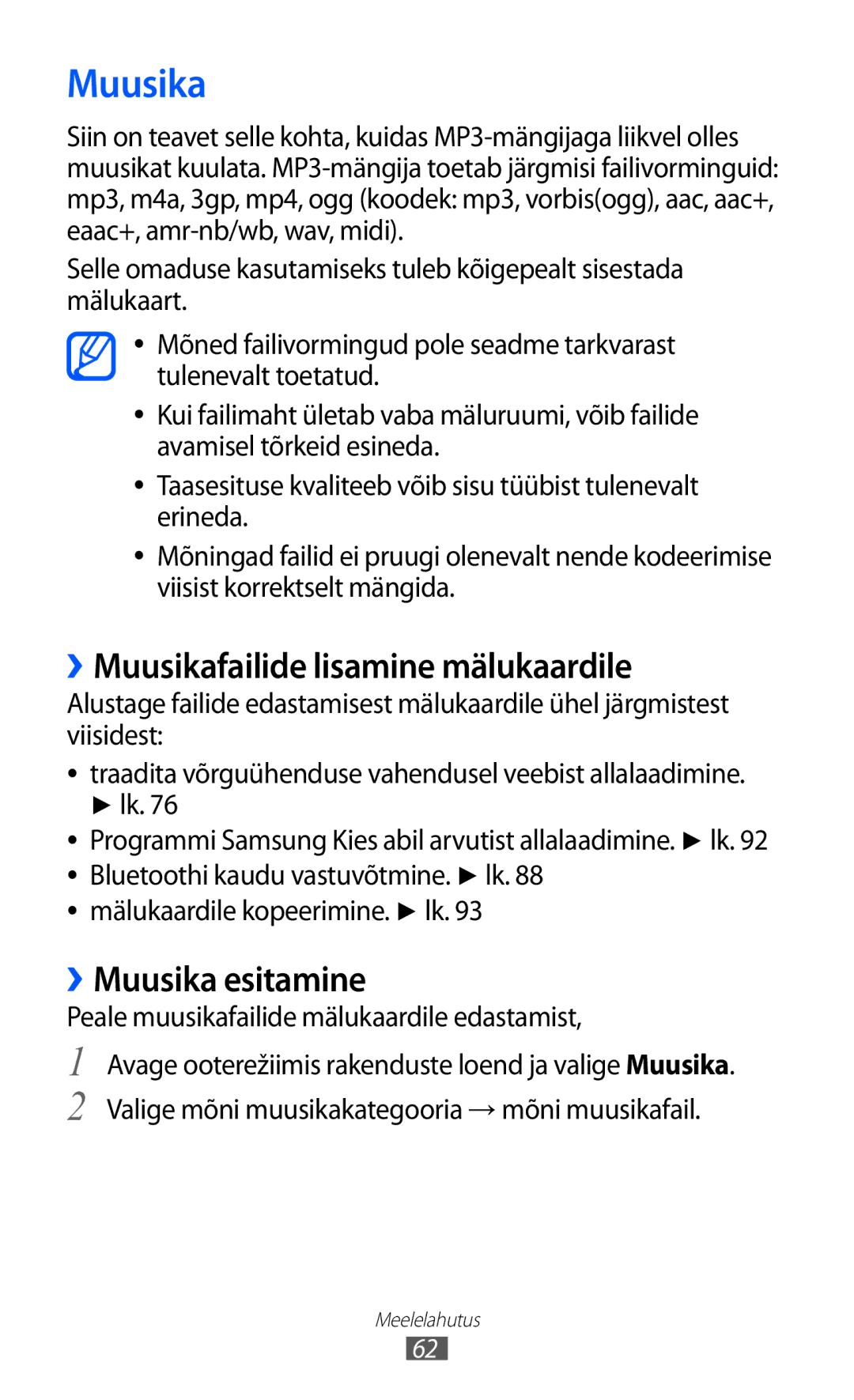 Samsung GT-S5360UWASEB, GT-S5360UWHSEB, GT-S5360TKASEB manual ››Muusikafailide lisamine mälukaardile, ››Muusika esitamine 