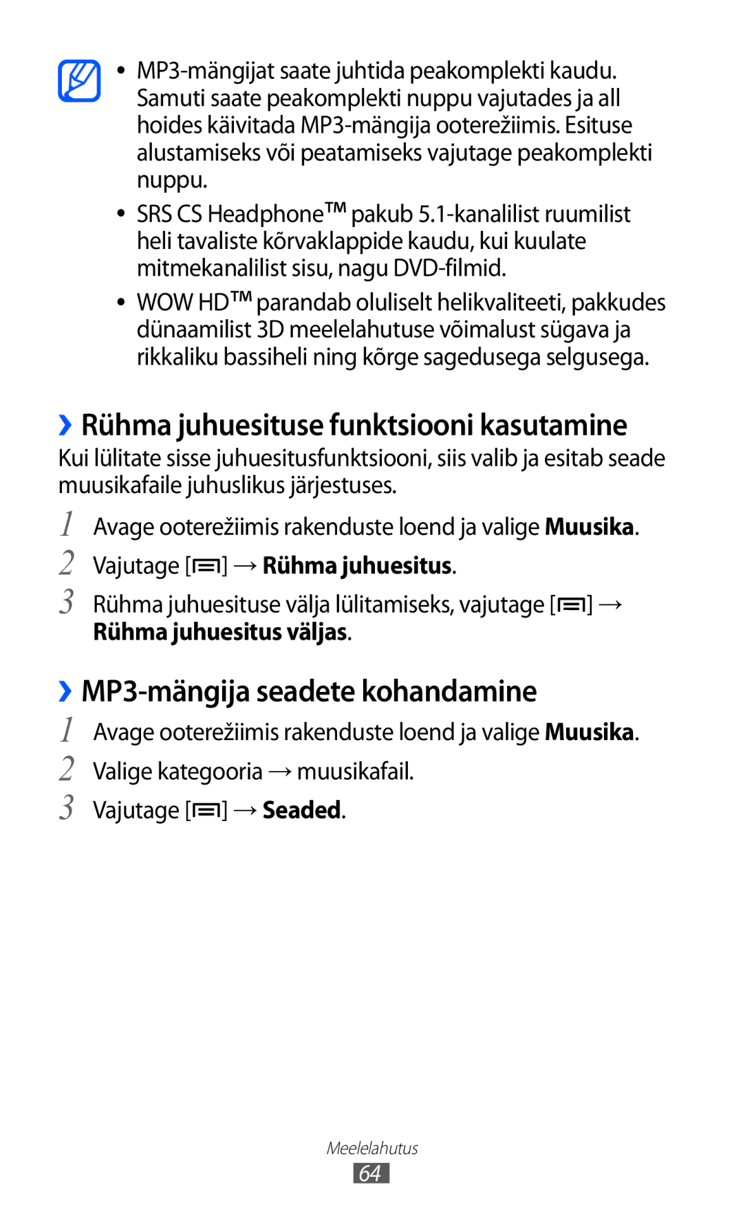 Samsung GT-S5360MAASEB manual ››MP3-mängija seadete kohandamine, Vajutage → Rühma juhuesitus, Rühma juhuesitus väljas 