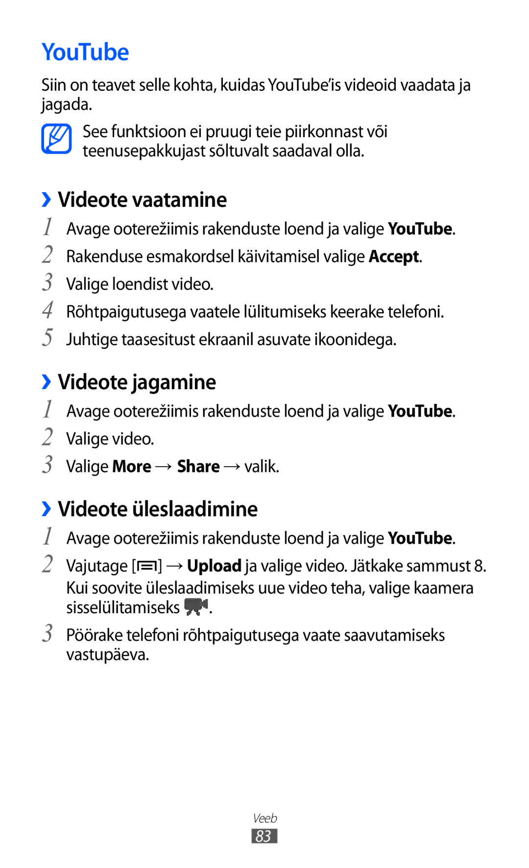 Samsung GT-S5360OIASEB, GT-S5360UWHSEB manual YouTube, ››Videote vaatamine, ››Videote jagamine, ››Videote üleslaadimine 