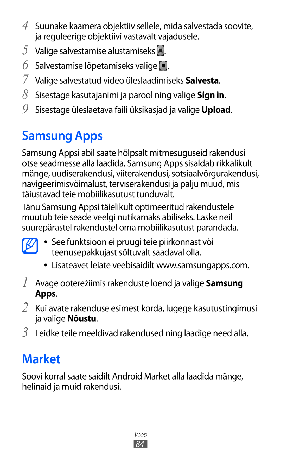 Samsung GT-S5360MAASEB, GT-S5360UWHSEB, GT-S5360TKASEB, GT-S5360UWASEB, GT-S5360OIASEB manual Samsung Apps, Market 