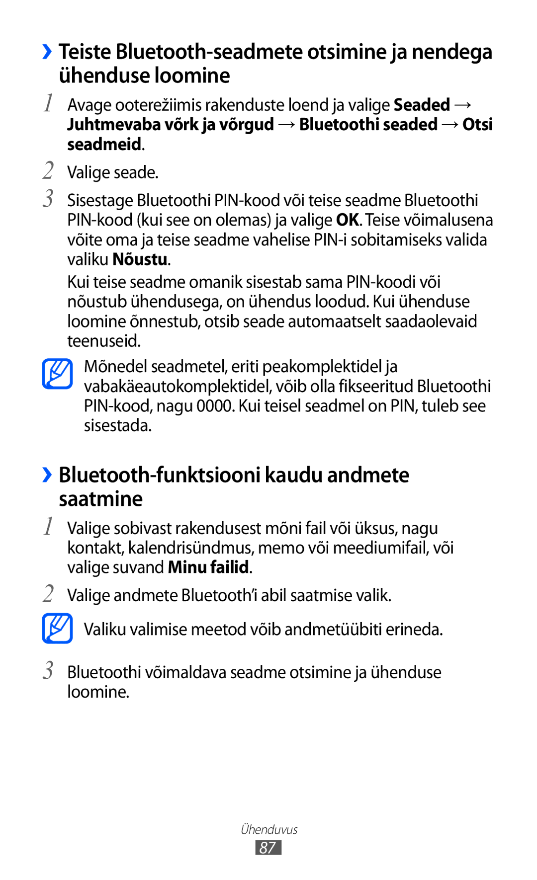 Samsung GT-S5360UWASEB, GT-S5360UWHSEB, GT-S5360TKASEB, GT-S5360OIASEB manual ››Bluetooth-funktsiooni kaudu andmete saatmine 