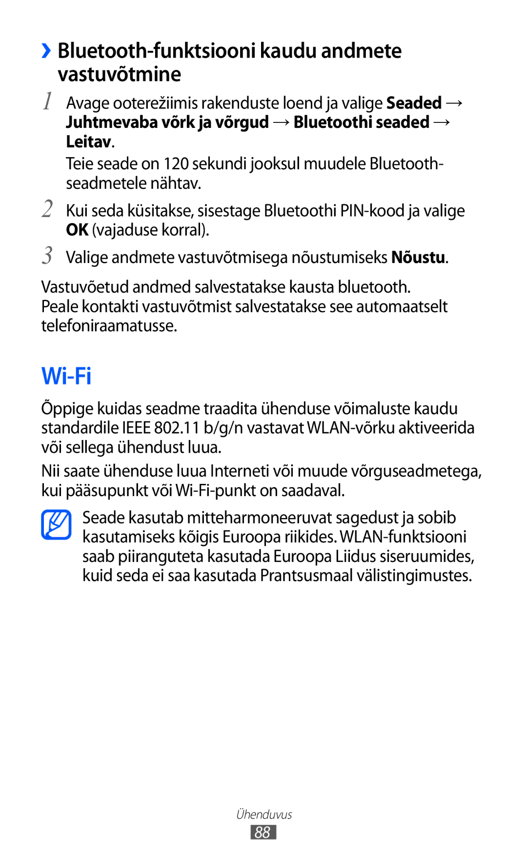 Samsung GT-S5360OIASEB, GT-S5360UWHSEB, GT-S5360TKASEB manual Wi-Fi, ››Bluetooth-funktsiooni kaudu andmete vastuvõtmine 