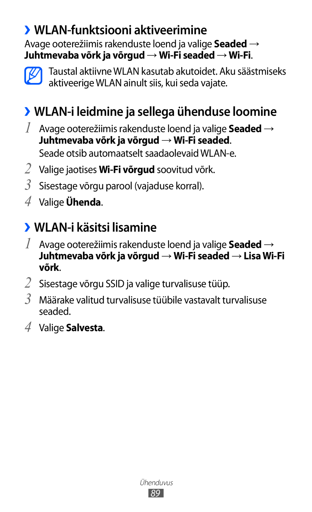 Samsung GT-S5360MAASEB, GT-S5360UWHSEB, GT-S5360TKASEB manual ››WLAN-funktsiooni aktiveerimine, ››WLAN-i käsitsi lisamine 