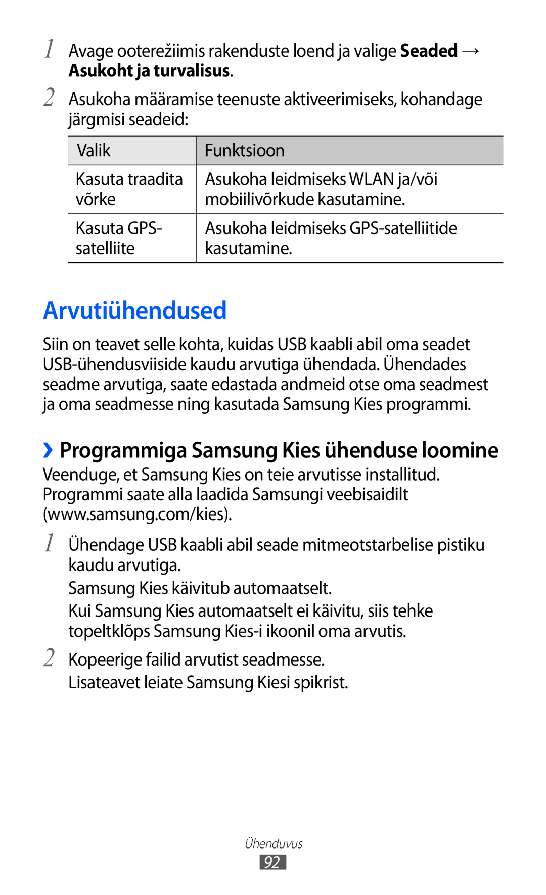 Samsung GT-S5360UWASEB, GT-S5360UWHSEB manual Arvutiühendused, Asukoht ja turvalisus, Asukoha leidmiseks Wlan ja/või 