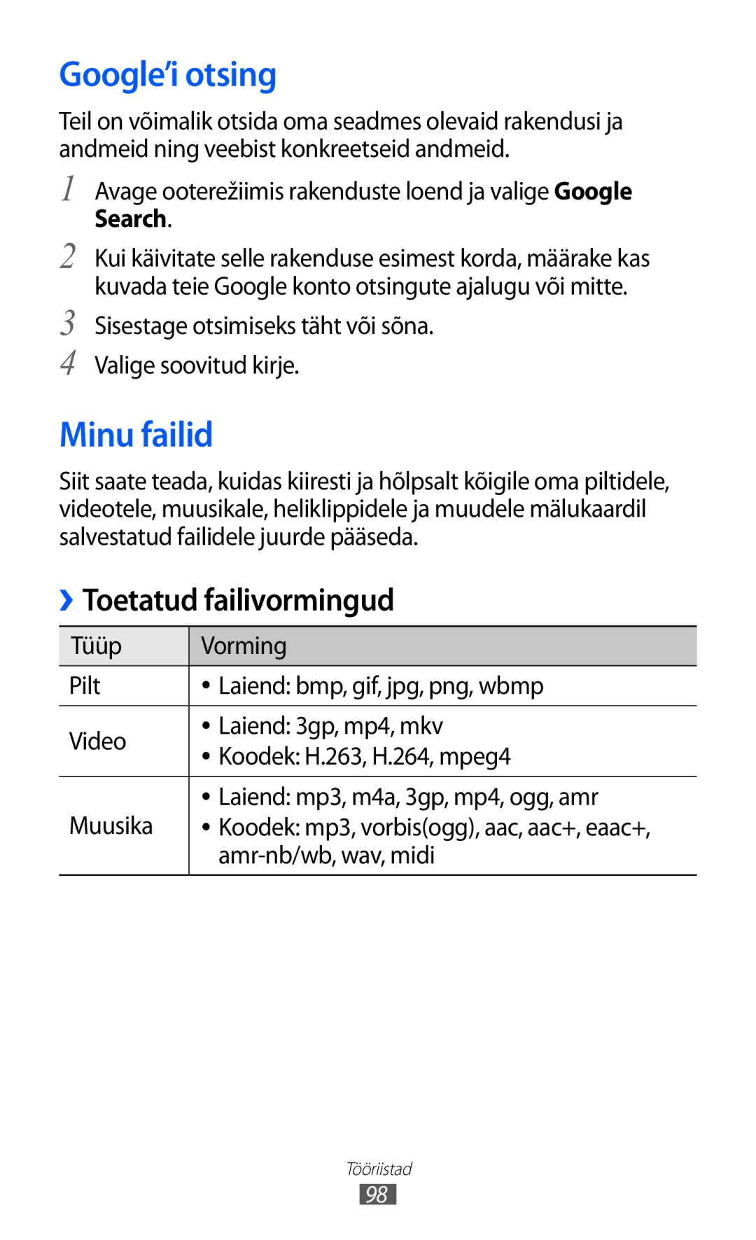 Samsung GT-S5360OIASEB manual Google’i otsing, Minu failid, Avage ooterežiimis rakenduste loend ja valige Google Search 