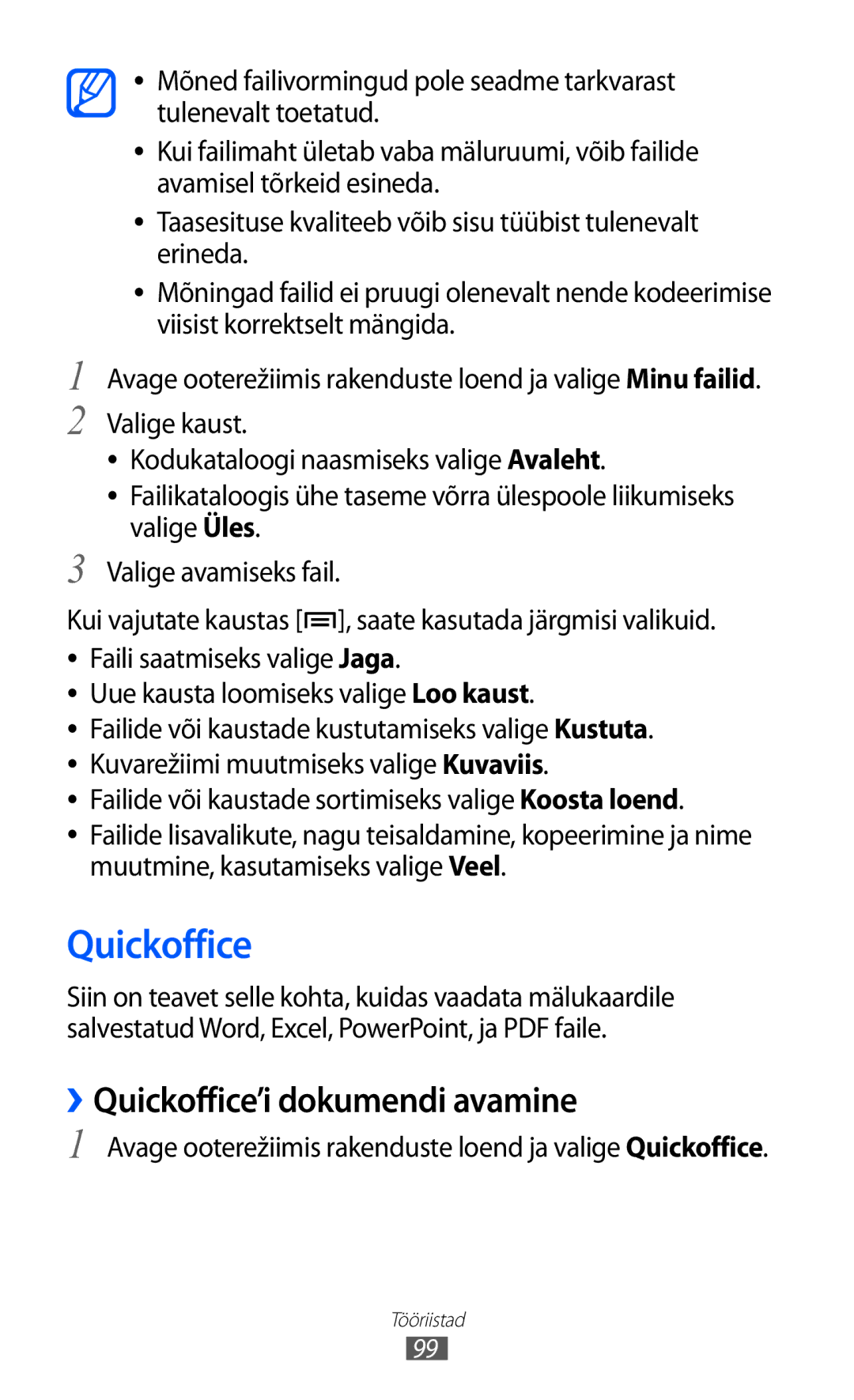 Samsung GT-S5360MAASEB ››Quickoffice’i dokumendi avamine, Avage ooterežiimis rakenduste loend ja valige Quickoffice 