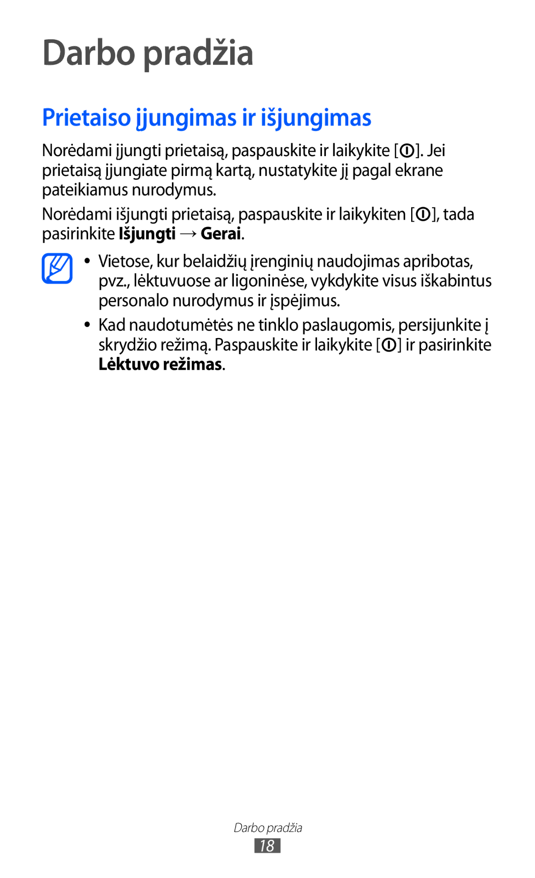 Samsung GT-S5360OIASEB, GT-S5360UWHSEB, GT-S5360TKASEB, GT-S5360UWASEB manual Darbo pradžia, Prietaiso įjungimas ir išjungimas 