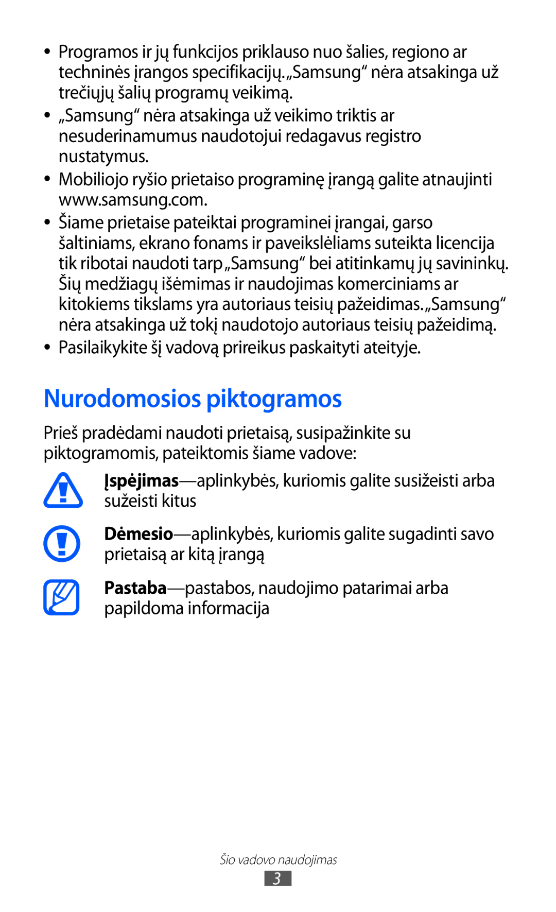 Samsung GT-S5360OIASEB, GT-S5360UWHSEB, GT-S5360TKASEB, GT-S5360UWASEB, GT-S5360MAASEB manual Nurodomosios piktogramos 