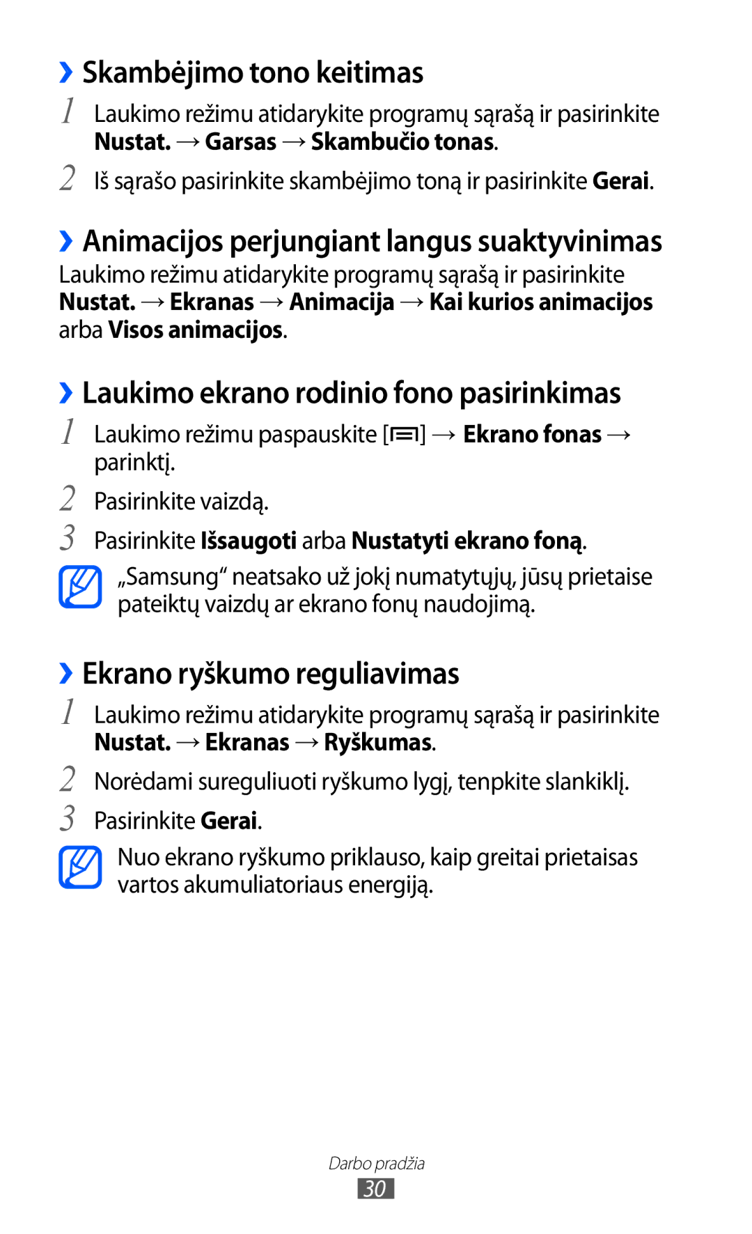 Samsung GT-S5360UWHSEB, GT-S5360TKASEB manual ››Skambėjimo tono keitimas, ››Laukimo ekrano rodinio fono pasirinkimas 