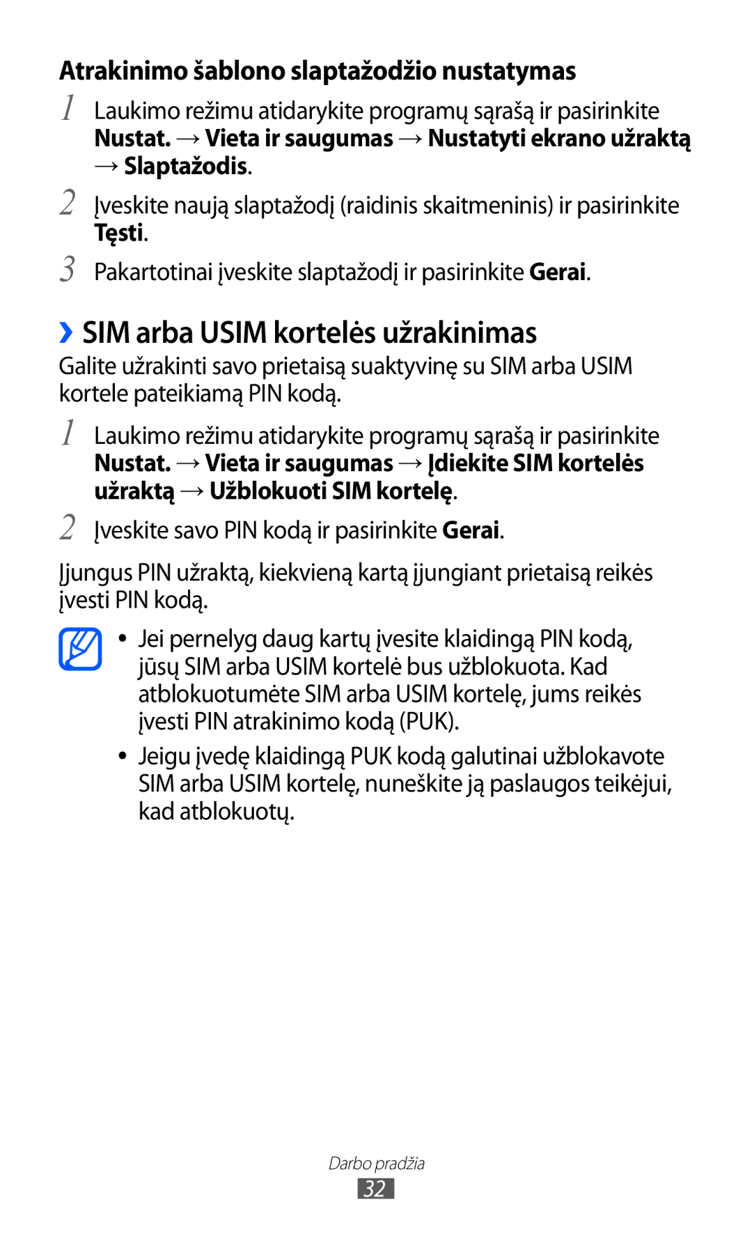 Samsung GT-S5360UWASEB, GT-S5360UWHSEB, GT-S5360TKASEB manual ››SIM arba Usim kortelės užrakinimas, → Slaptažodis, Tęsti 