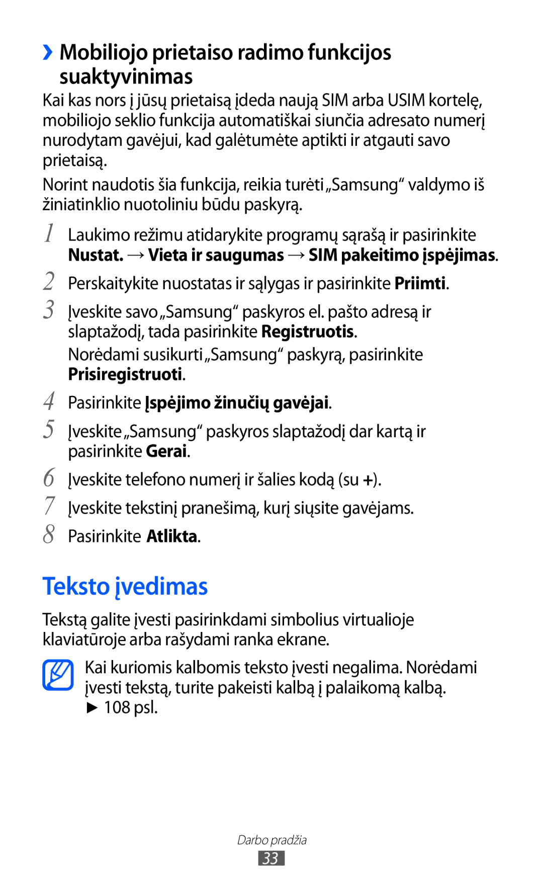 Samsung GT-S5360OIASEB, GT-S5360UWHSEB manual Teksto įvedimas, ››Mobiliojo prietaiso radimo funkcijos suaktyvinimas, 108 psl 